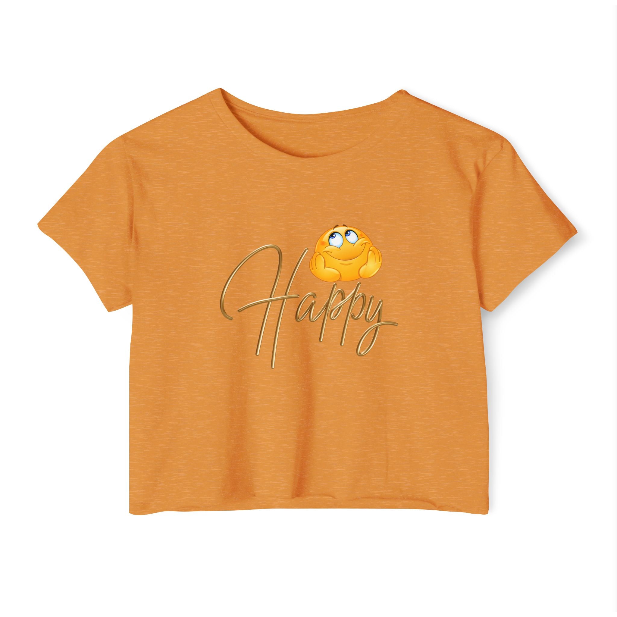 Antique gold t-shirt with happy emoji design on a white background