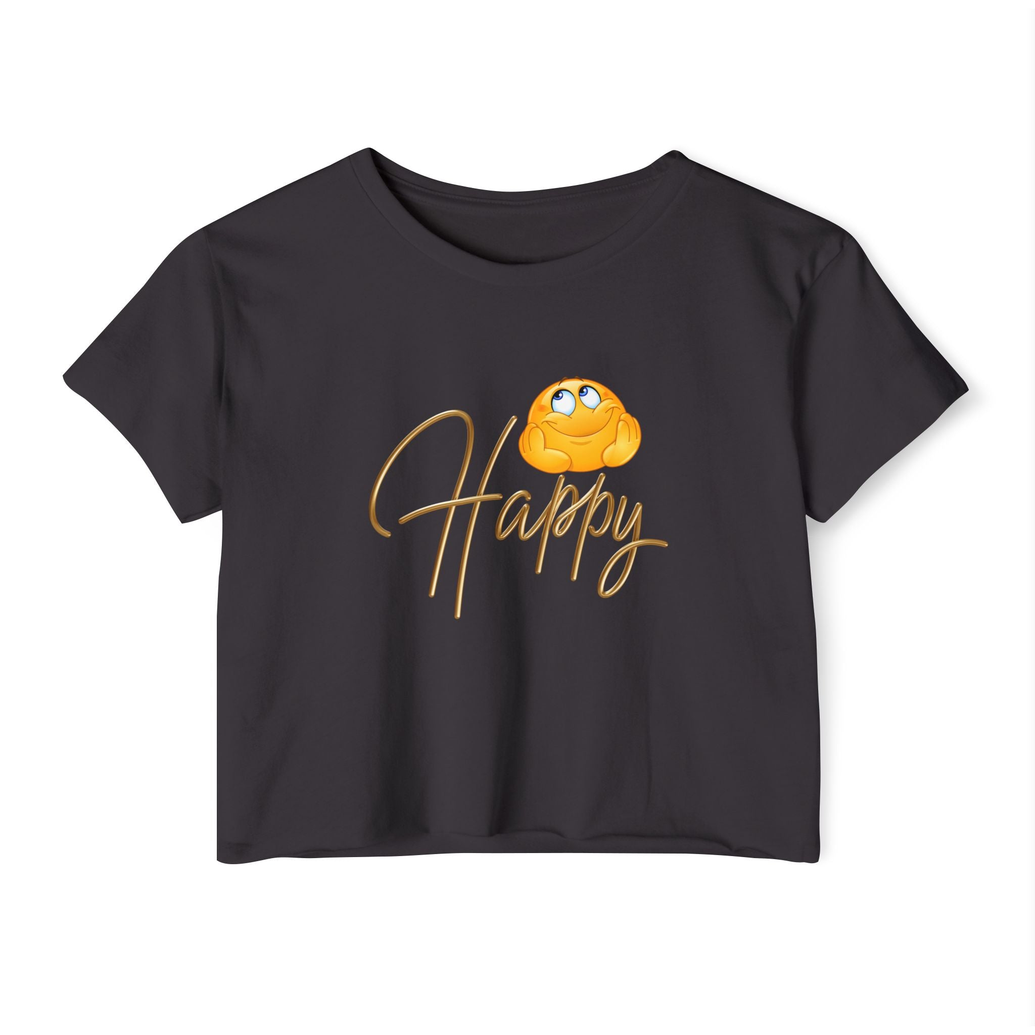 Black t-shirt with happy emoji design on a white background
