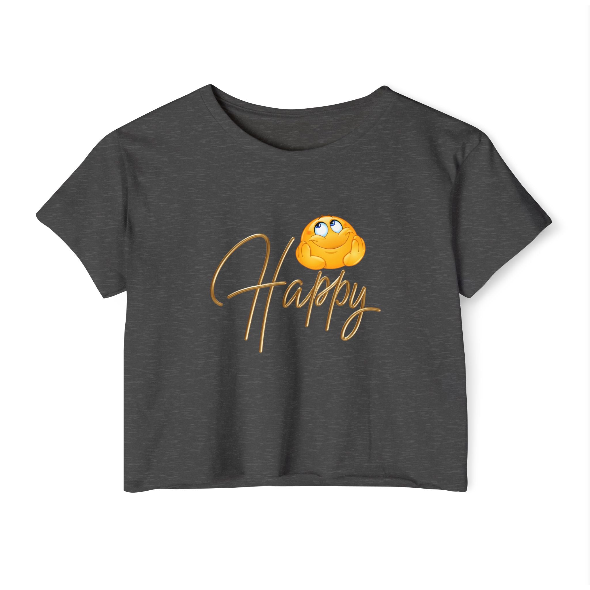 Charcoal t-shirt with happy emoji design on a white background