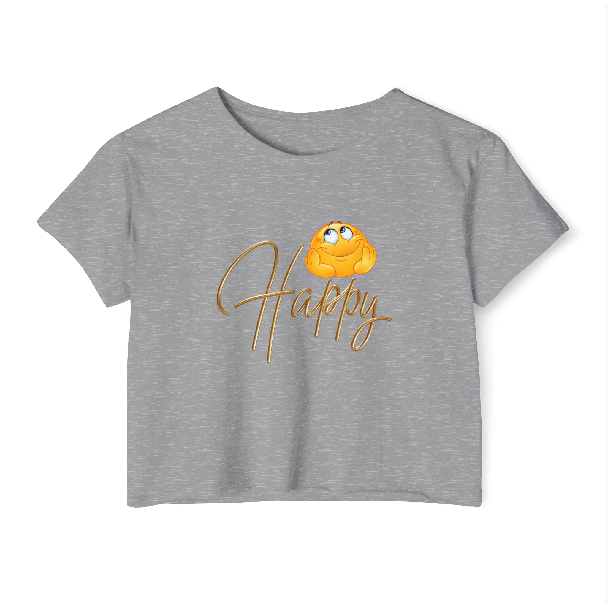 Grey t-shirt with happy emoji design on a white background