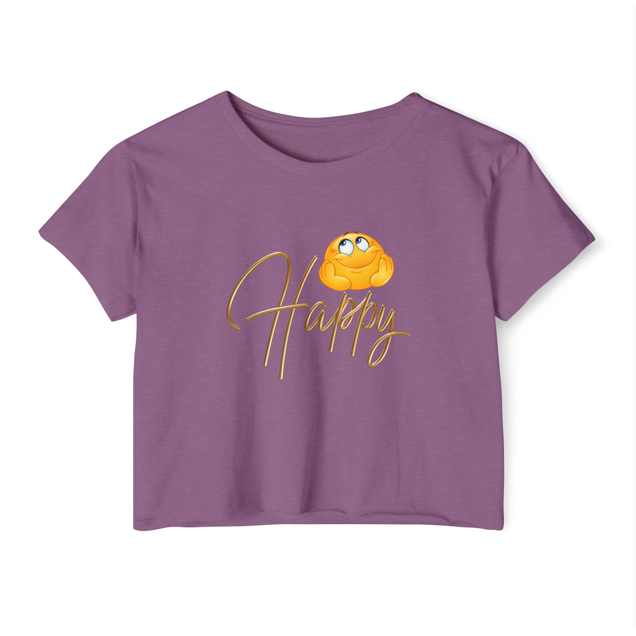 Shiraz purple blue t-shirt with happy emoji design on a white background