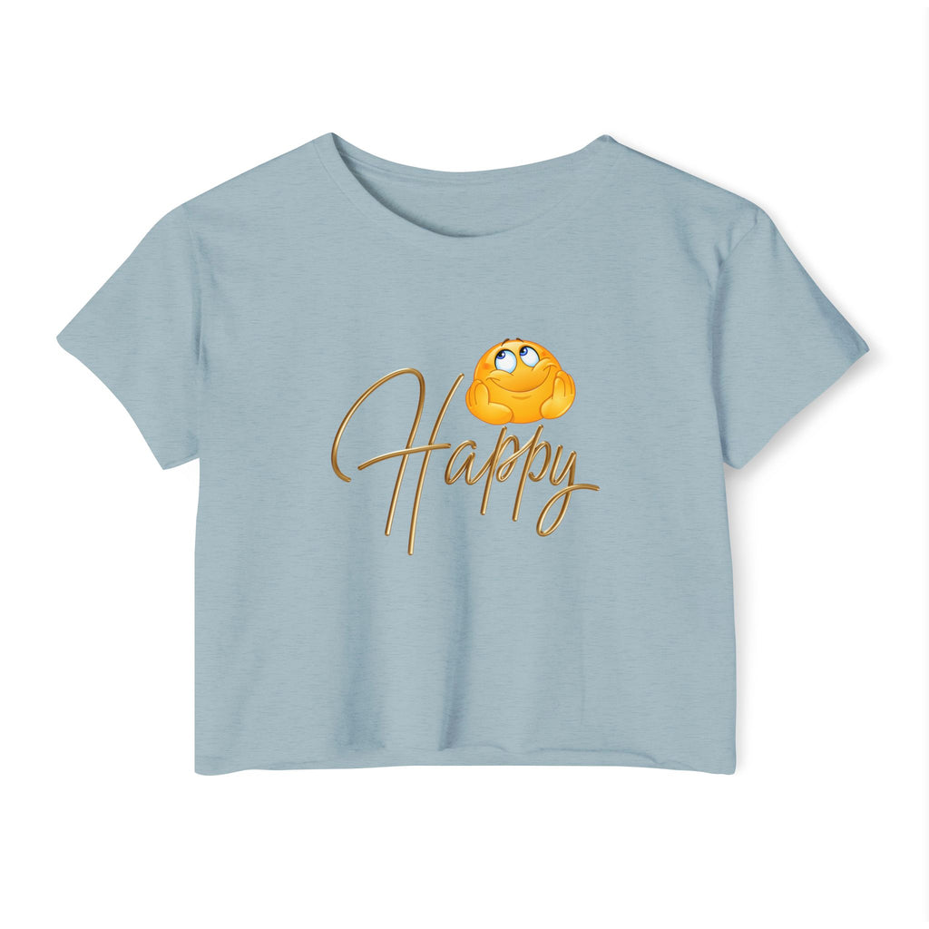 Light blue t-shirt with happy emoji design on a white background