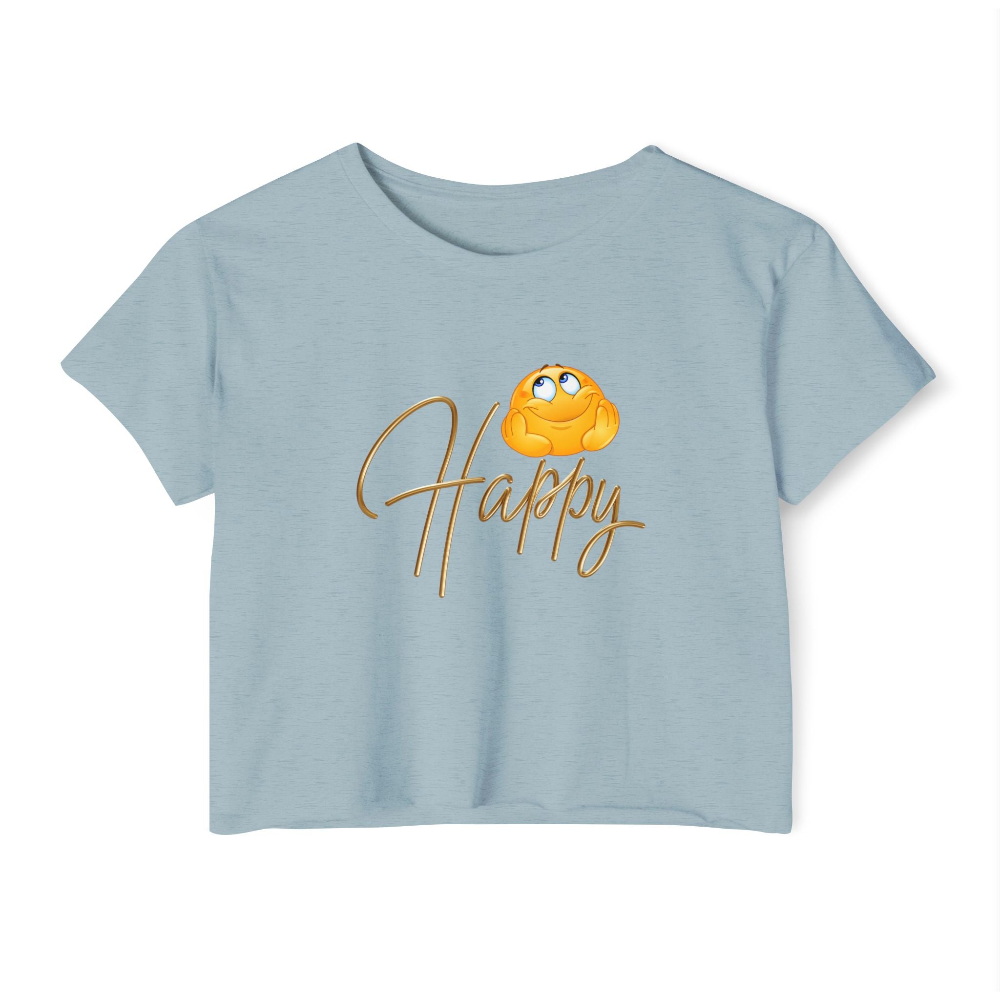 Light blue t-shirt with happy emoji design on a white background