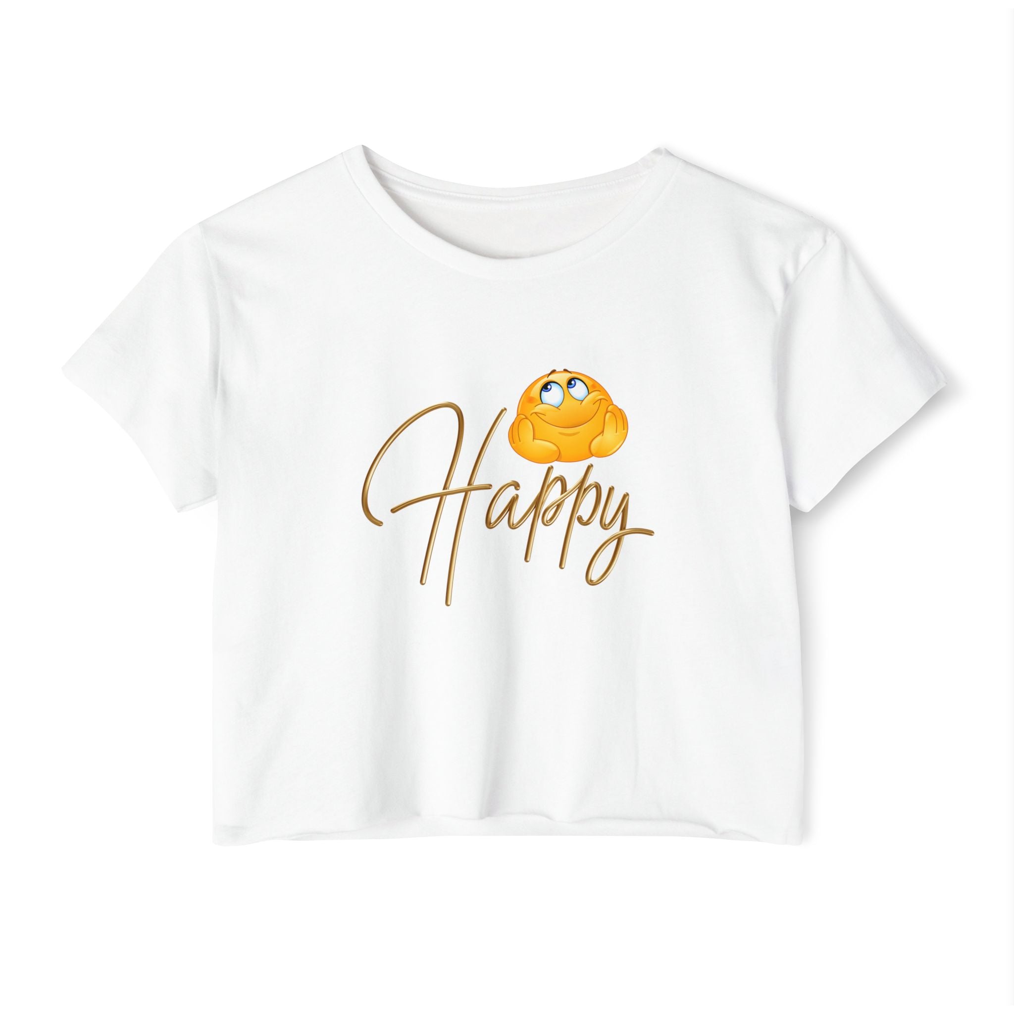 White t-shirt with happy emoji design on a white background