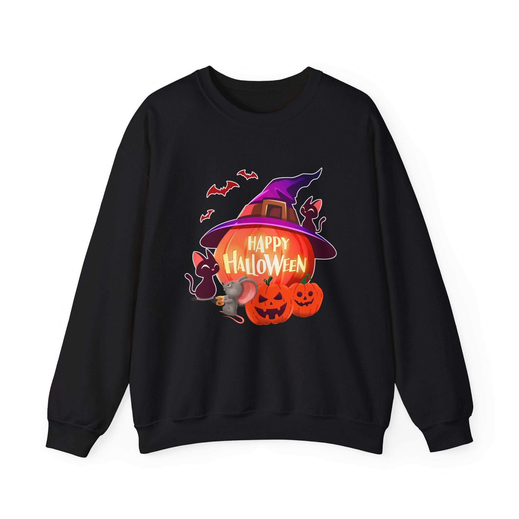 Black sweatshirt with Halloween-themed design featuring pumpkins and a witch hat on a white background.