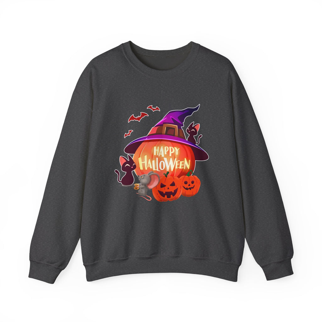 Dark heather gray sweatshirt with Halloween-themed design featuring a pumpkin, witch hat, and cats on a white background.