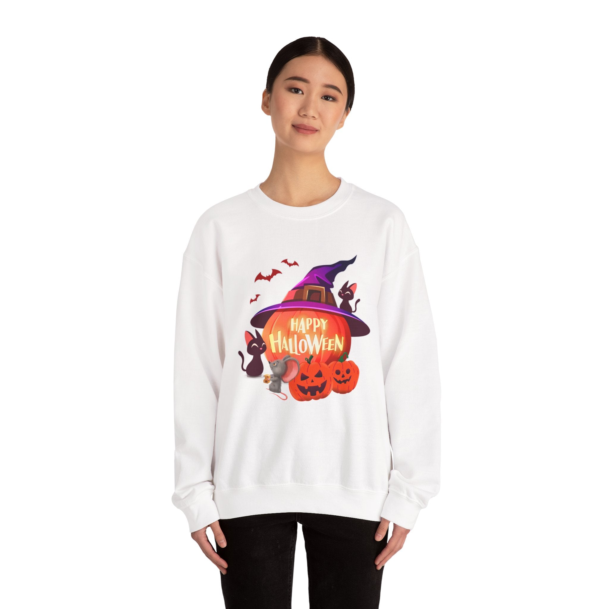Person wearing a white sweatshirt with Halloween-themed design on a white background