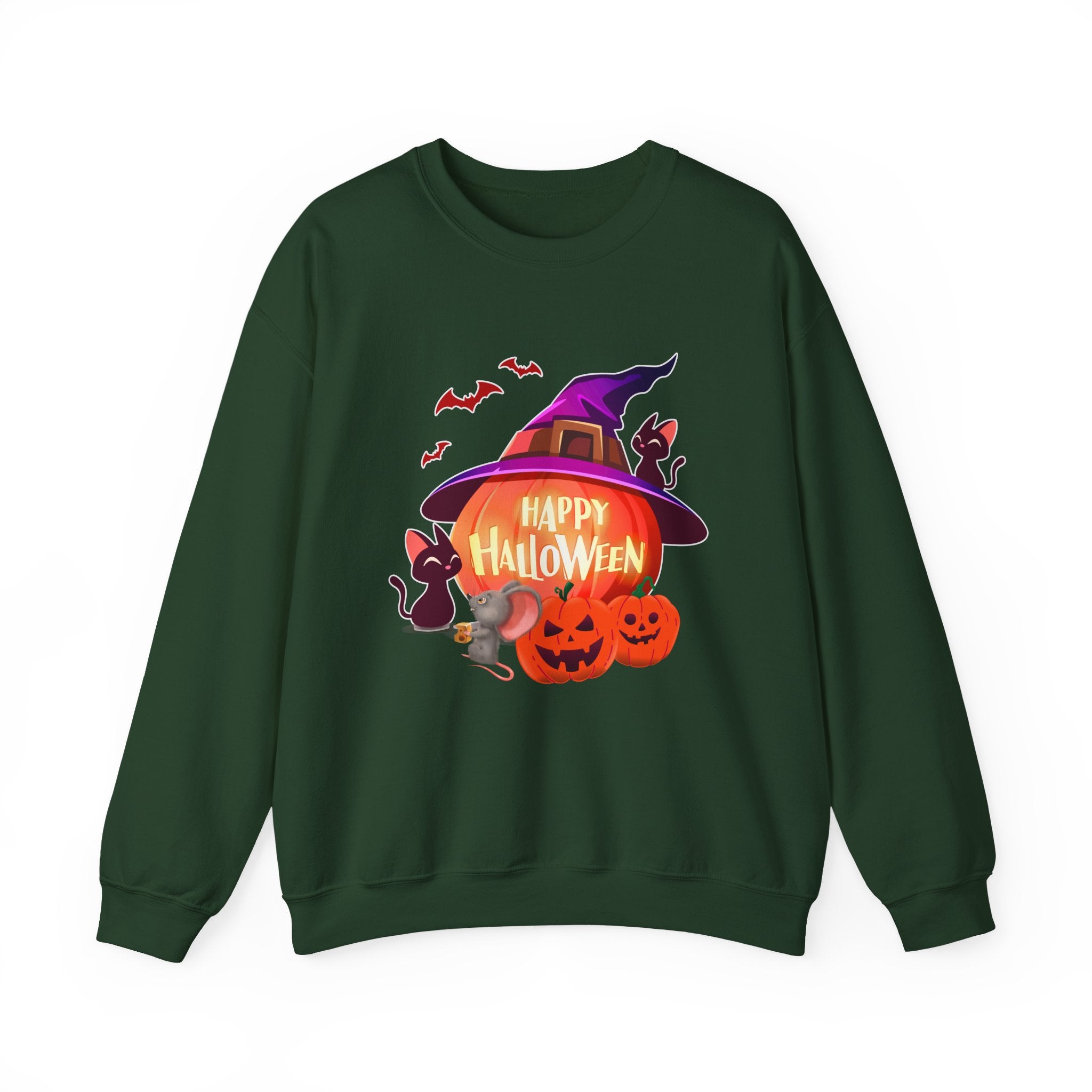 Forest green sweatshirt with Halloween-themed design featuring pumpkins and a witch hat on a white background.