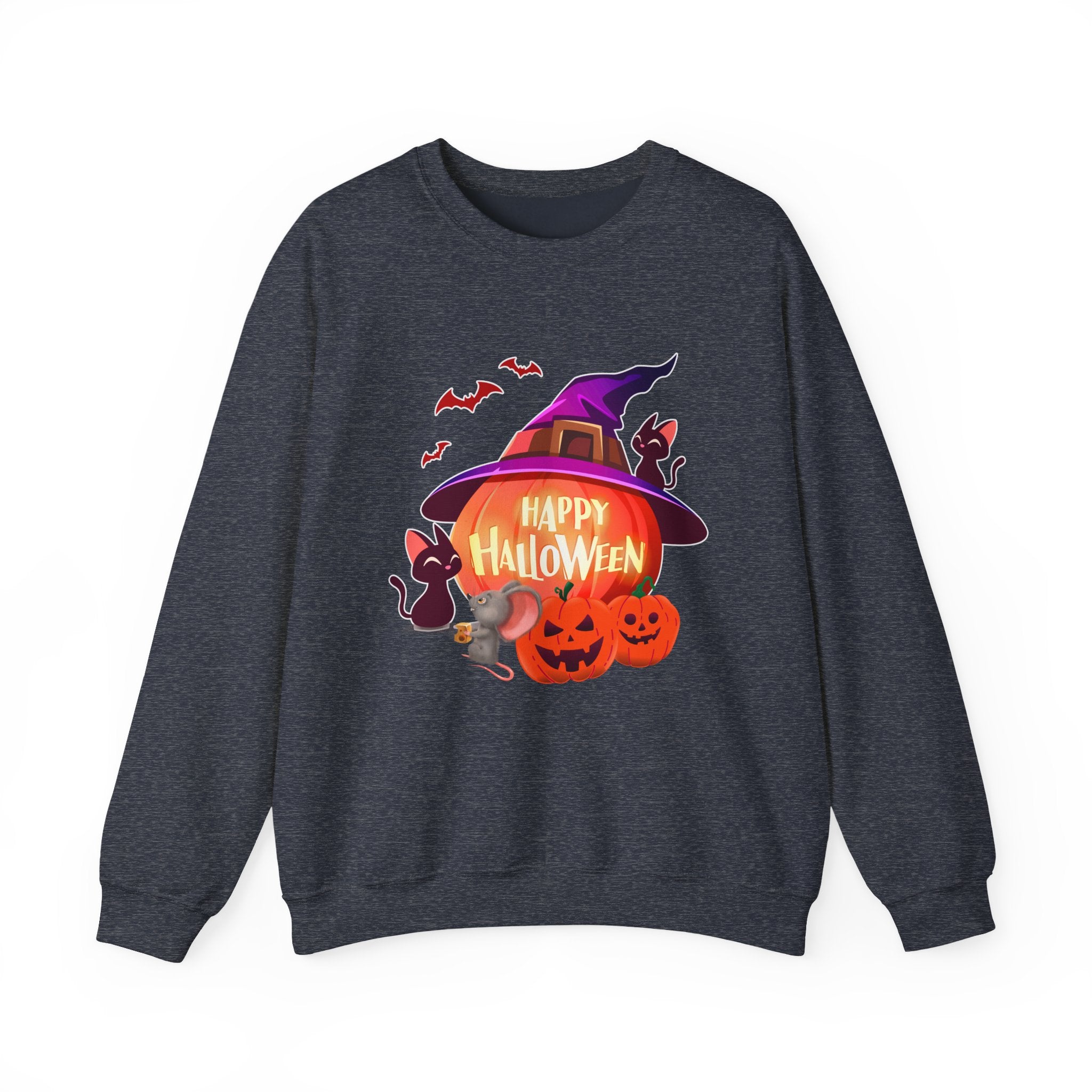 Heather sport dark navy sweatshirt with Halloween-themed design featuring a pumpkin, witch hat, and cats on a white background.
