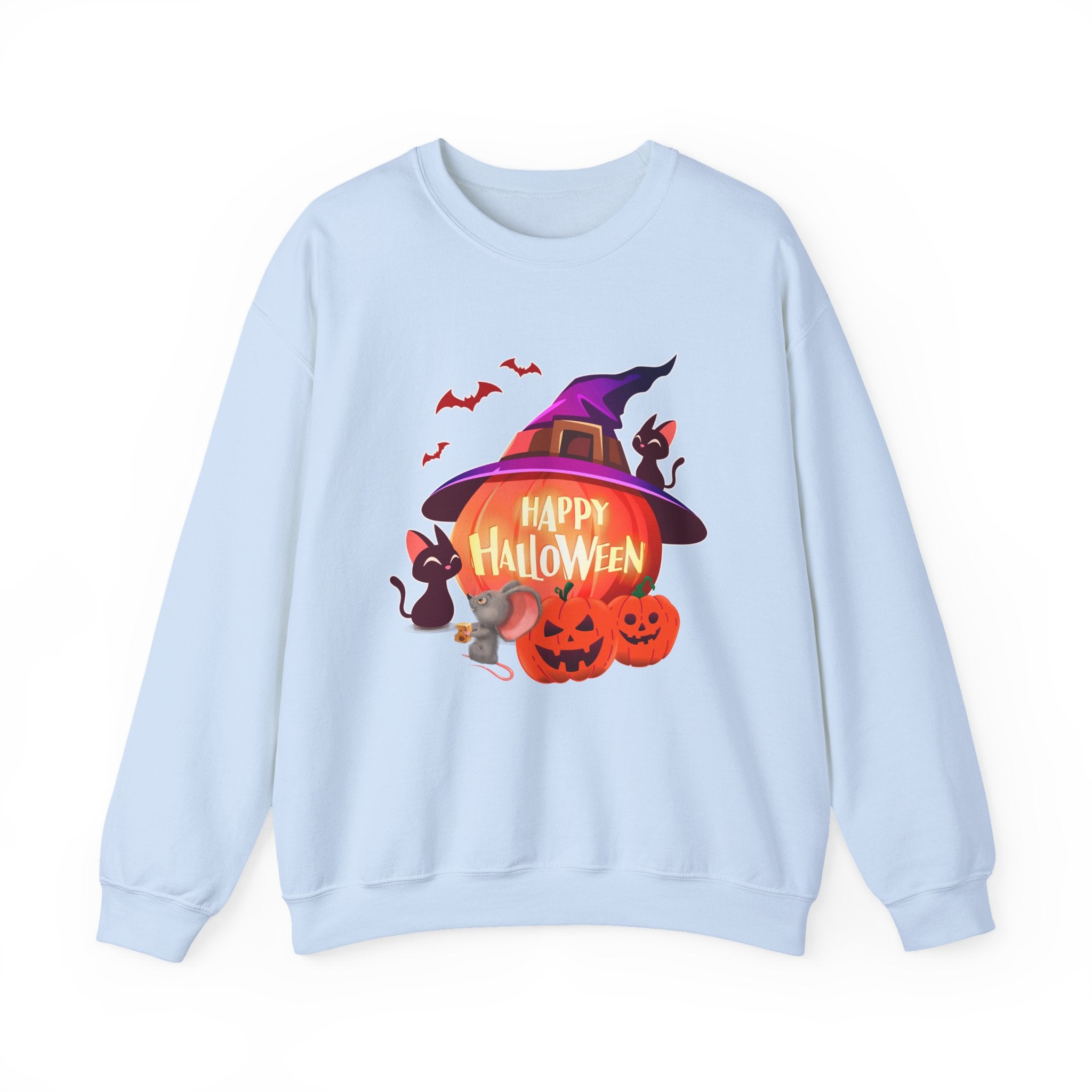 Light blue sweatshirt with Halloween-themed design featuring a pumpkin, witch hat, and cats on a white background.