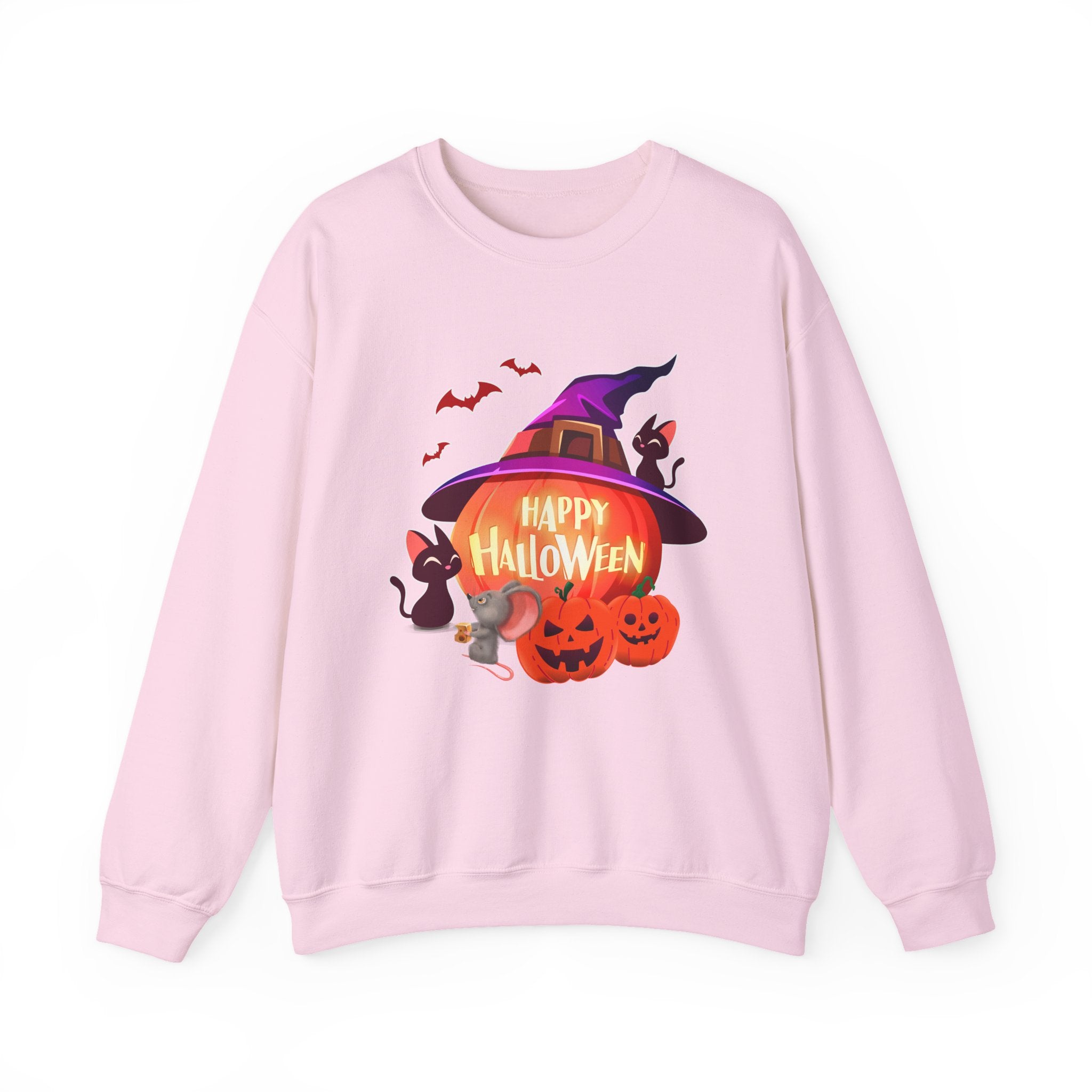 Pink sweatshirt with Halloween design featuring a pumpkin, witch hat, and cats on a white background.