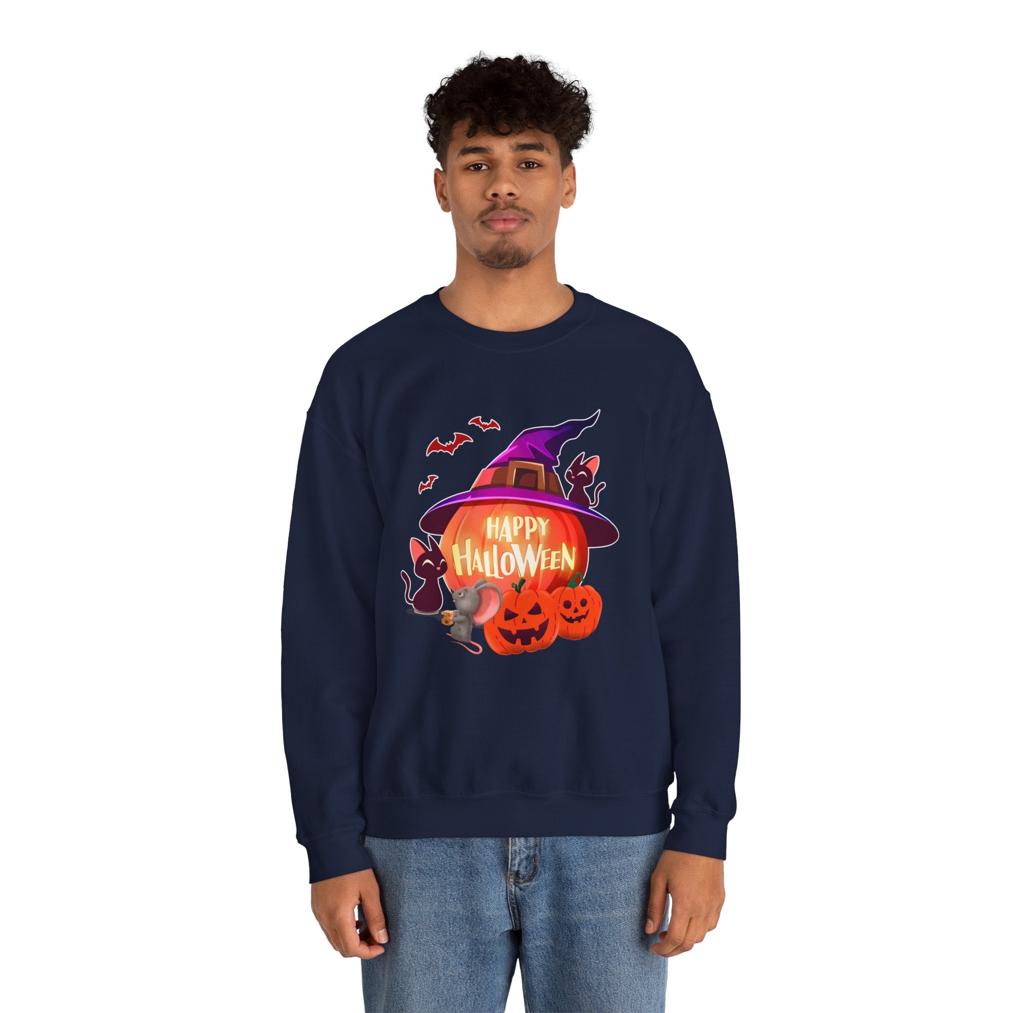 Person wearing a navy blue sweatshirt with Halloween design on a white background