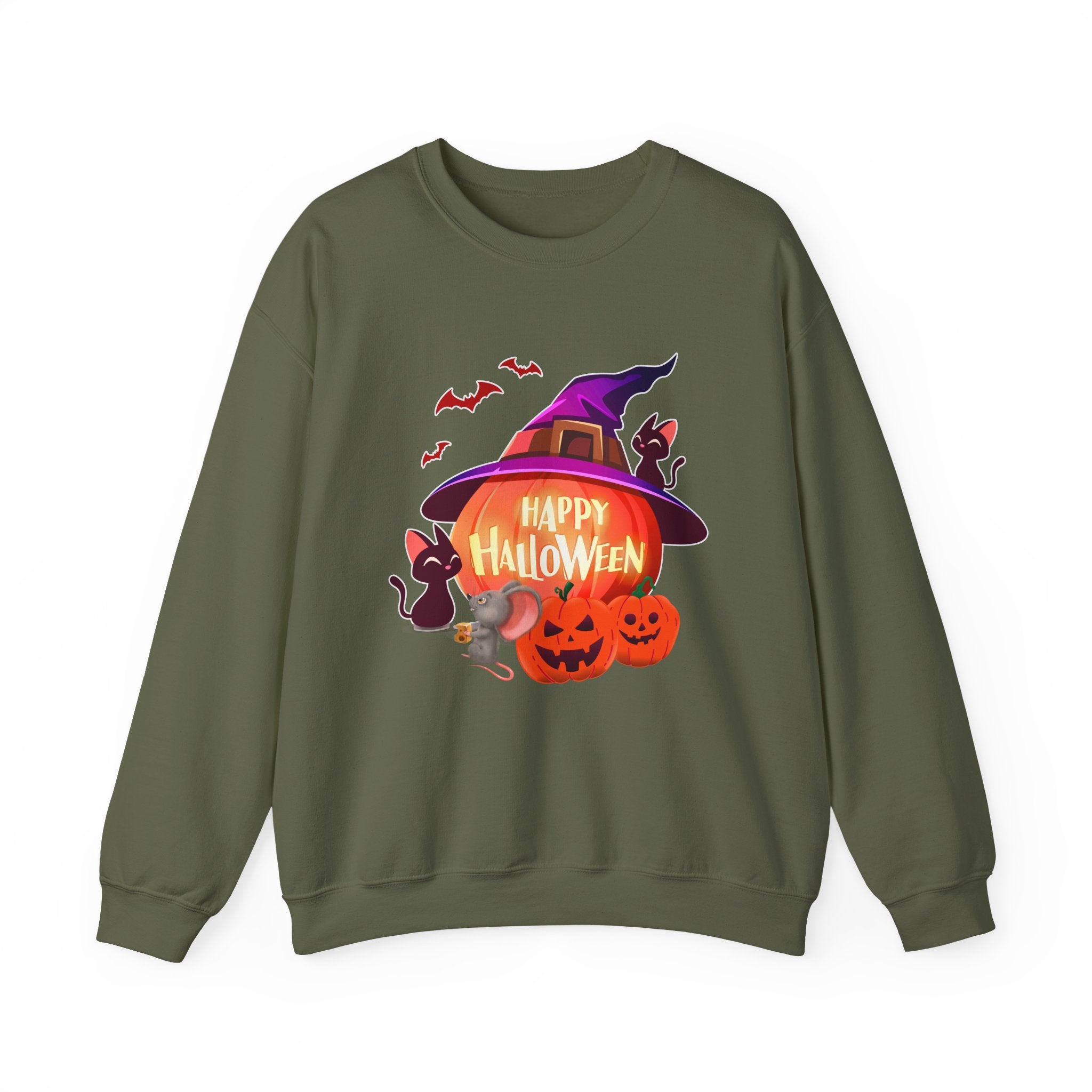 Military green sweatshirt with Halloween-themed design featuring a pumpkin, witch hat, and cats on a white background.