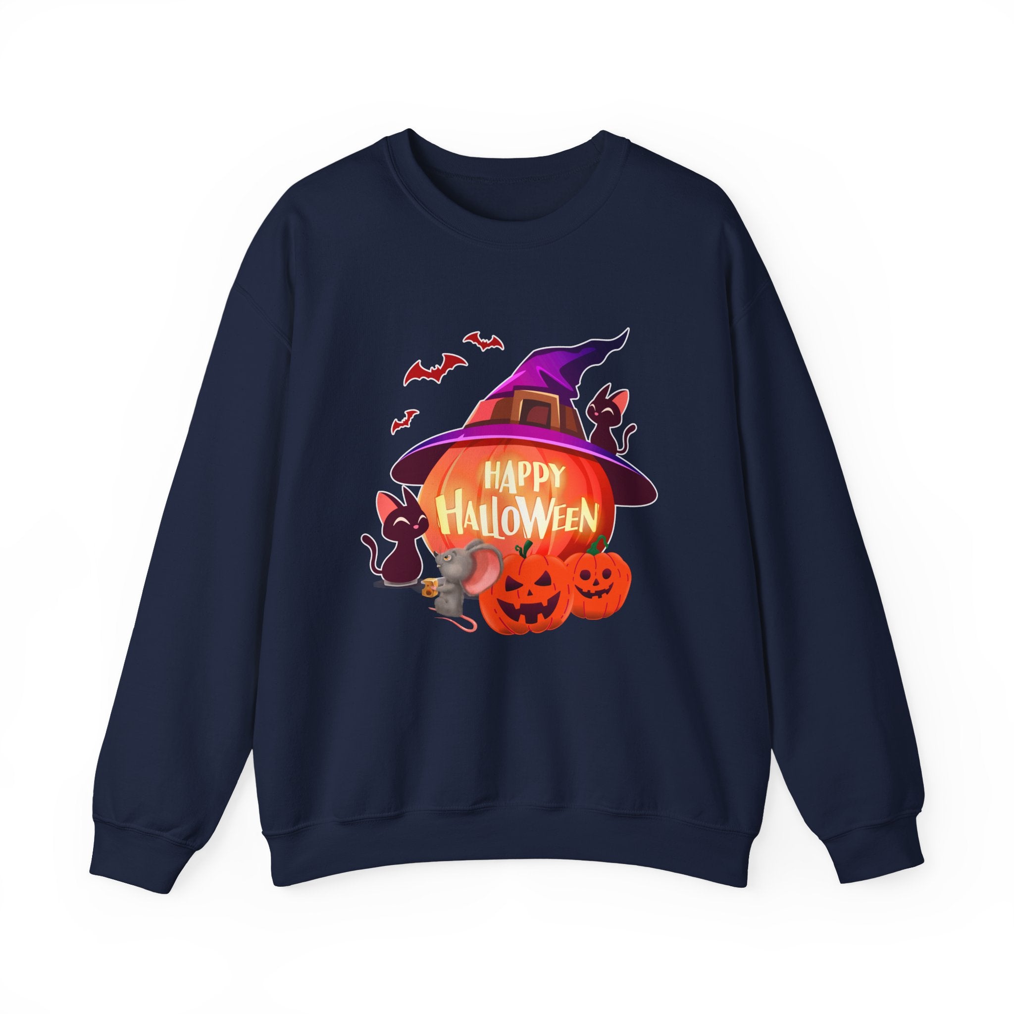 Navy blue sweatshirt with Halloween-themed design featuring pumpkins and a witch hat on a white background.