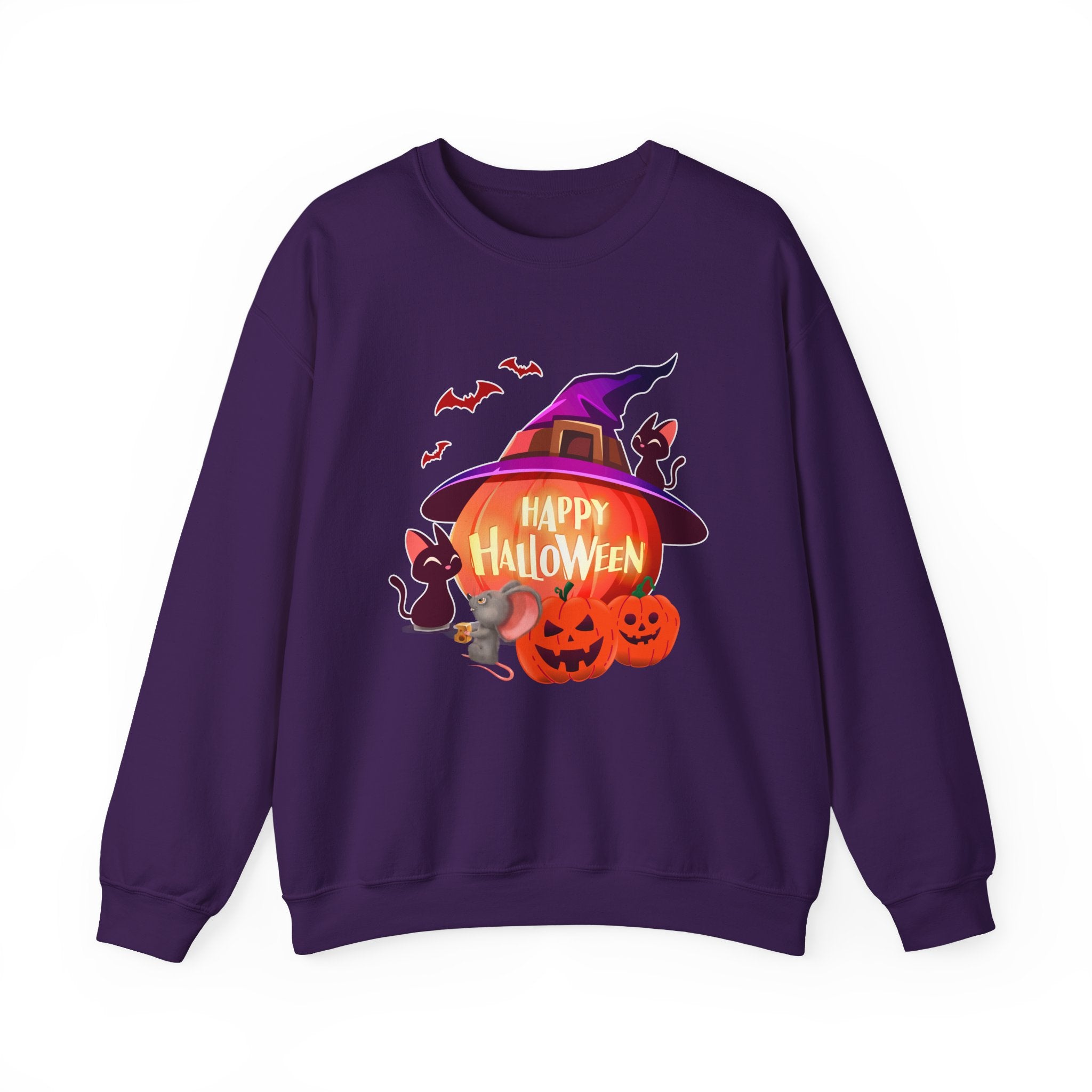 Purple sweatshirt with Halloween-themed design featuring a pumpkin and witch hat on a white background