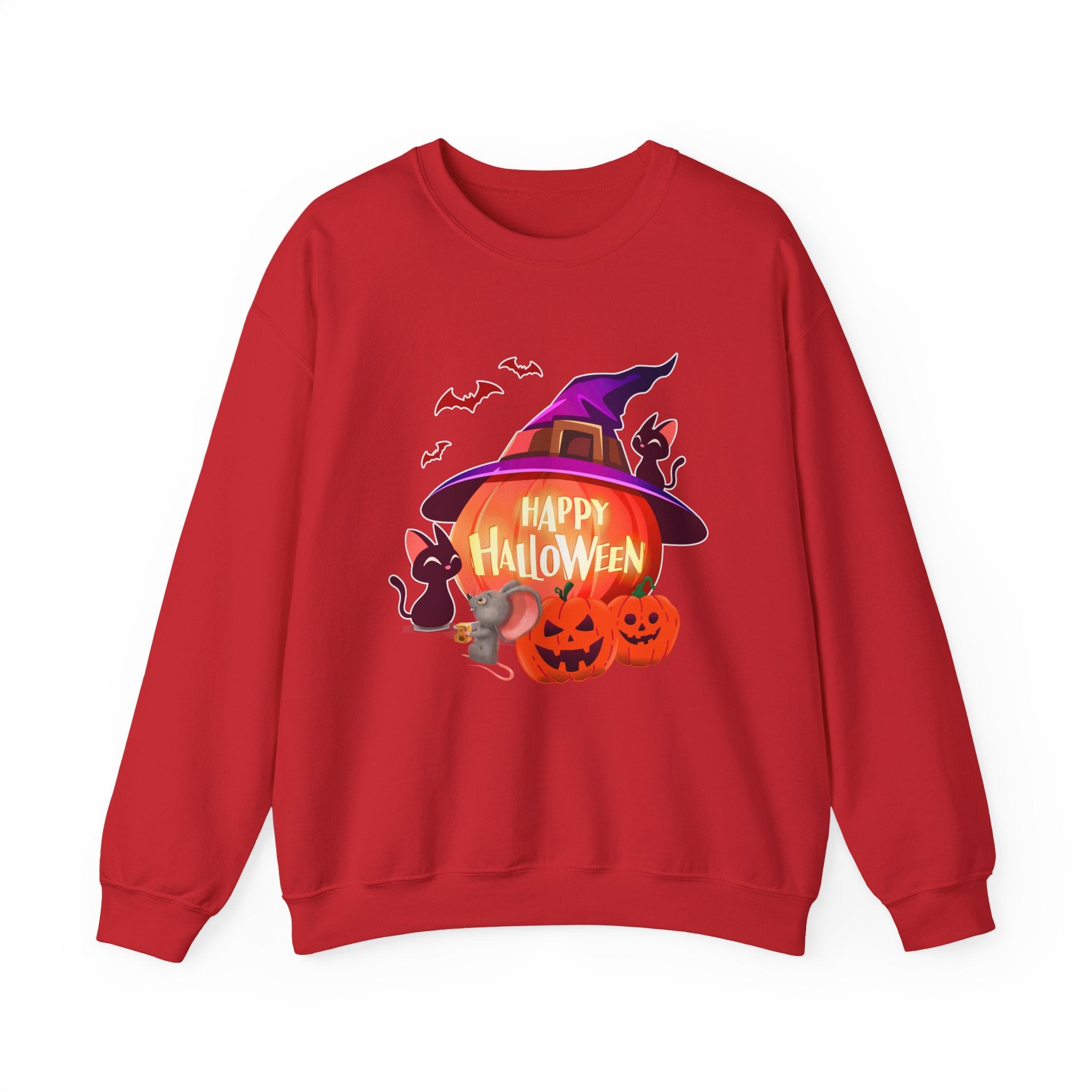 Red sweatshirt with Halloween-themed design featuring a pumpkin, witch hat, and cats on a white background.