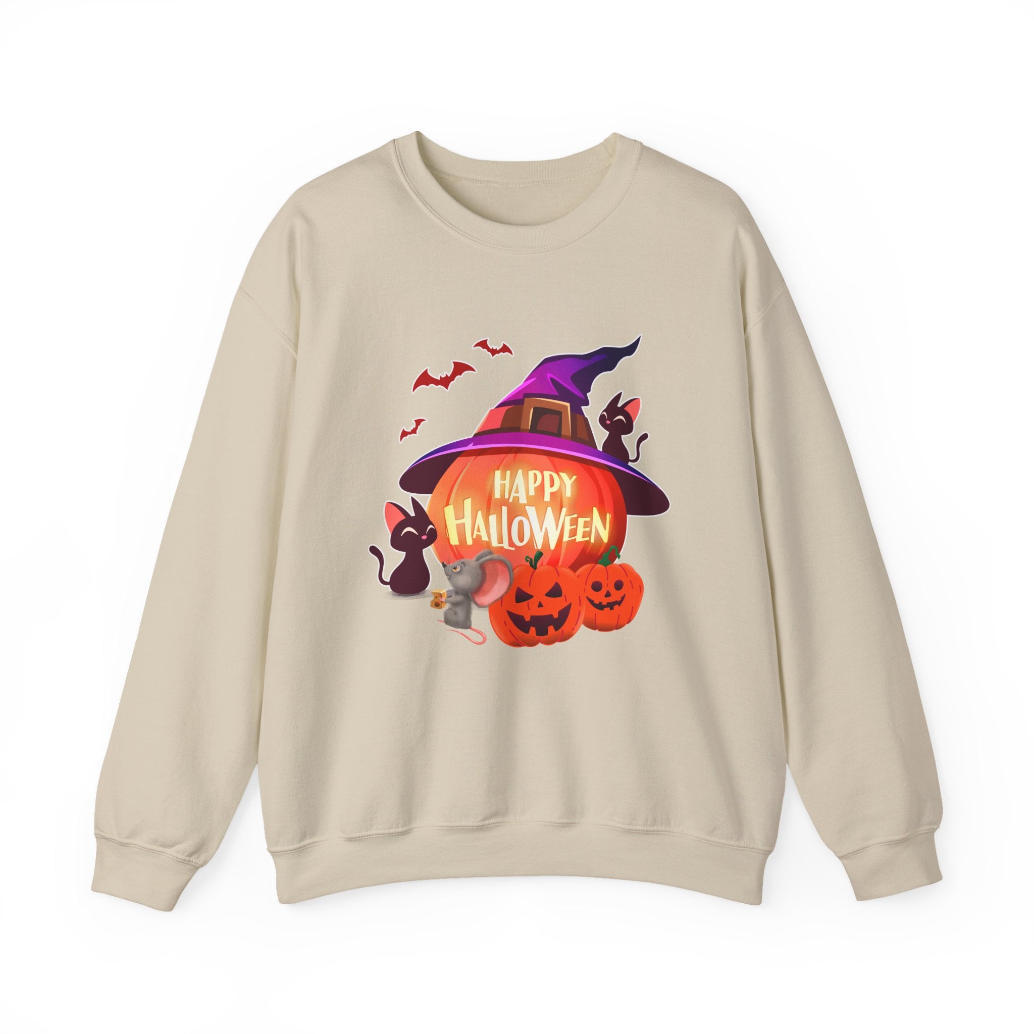 Beige sweatshirt with Halloween-themed design featuring a pumpkin, witch hat, and cats on a white background.