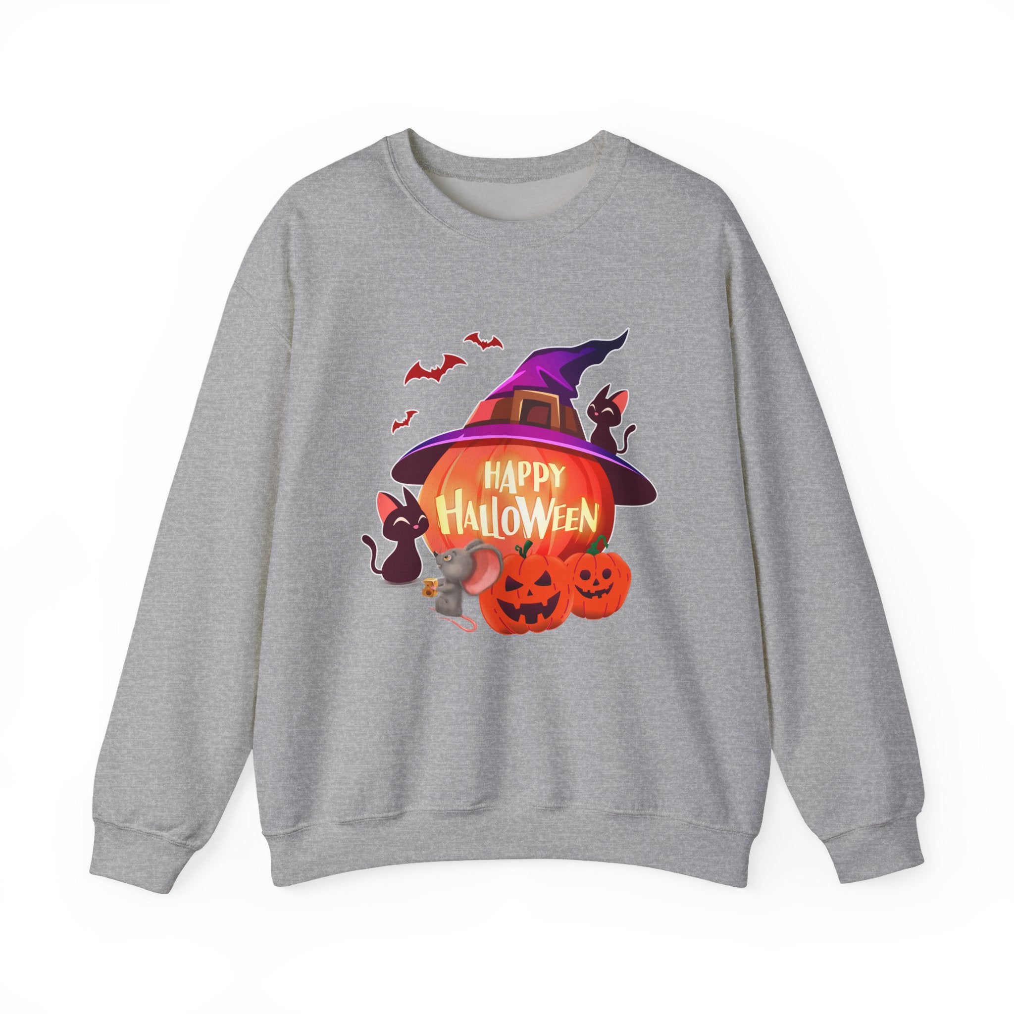 Gray sweatshirt with Halloween-themed design featuring a pumpkin, witch hat, and cats on a white background.