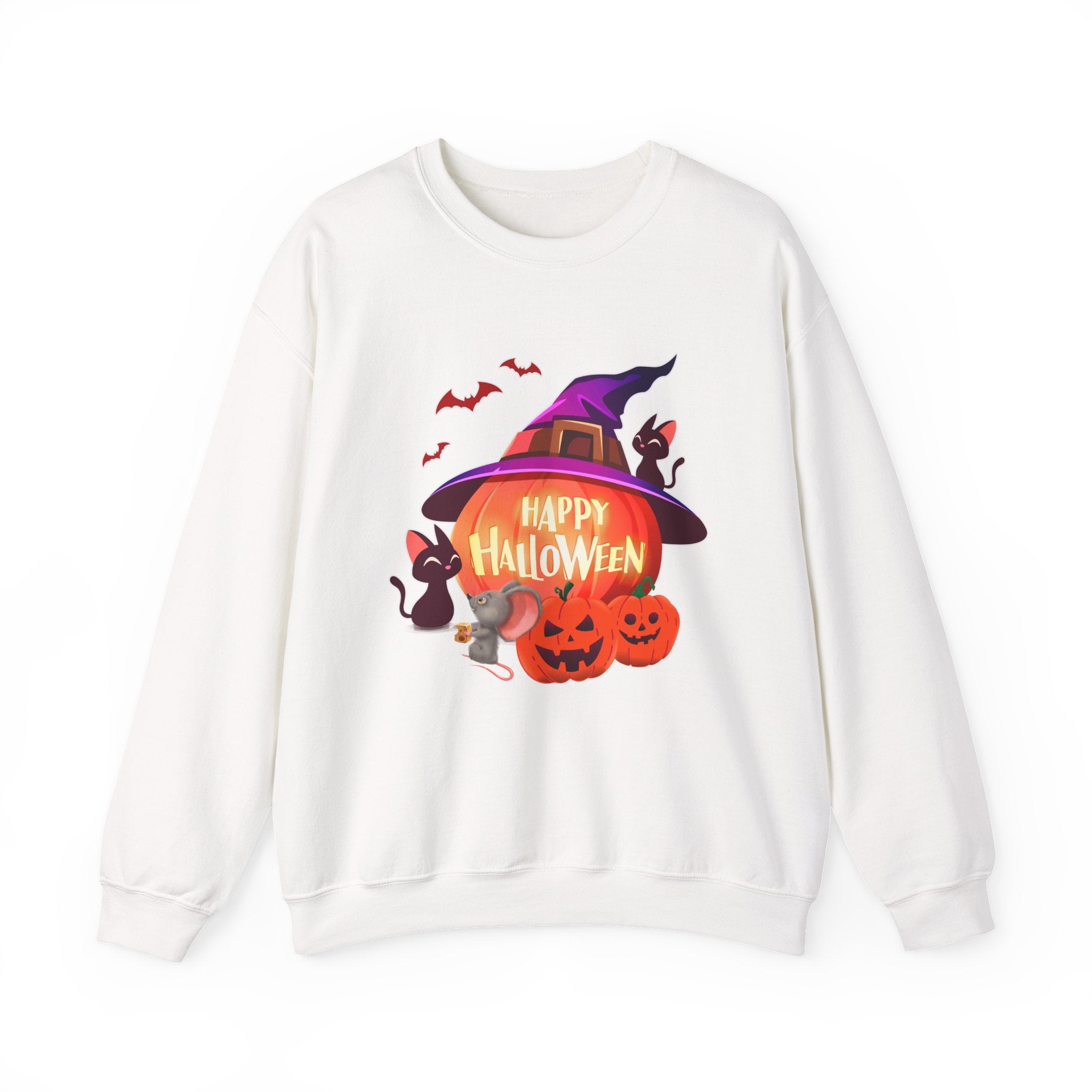 White sweatshirt with Halloween-themed design featuring a pumpkin, witch hat, and cats on a white background.