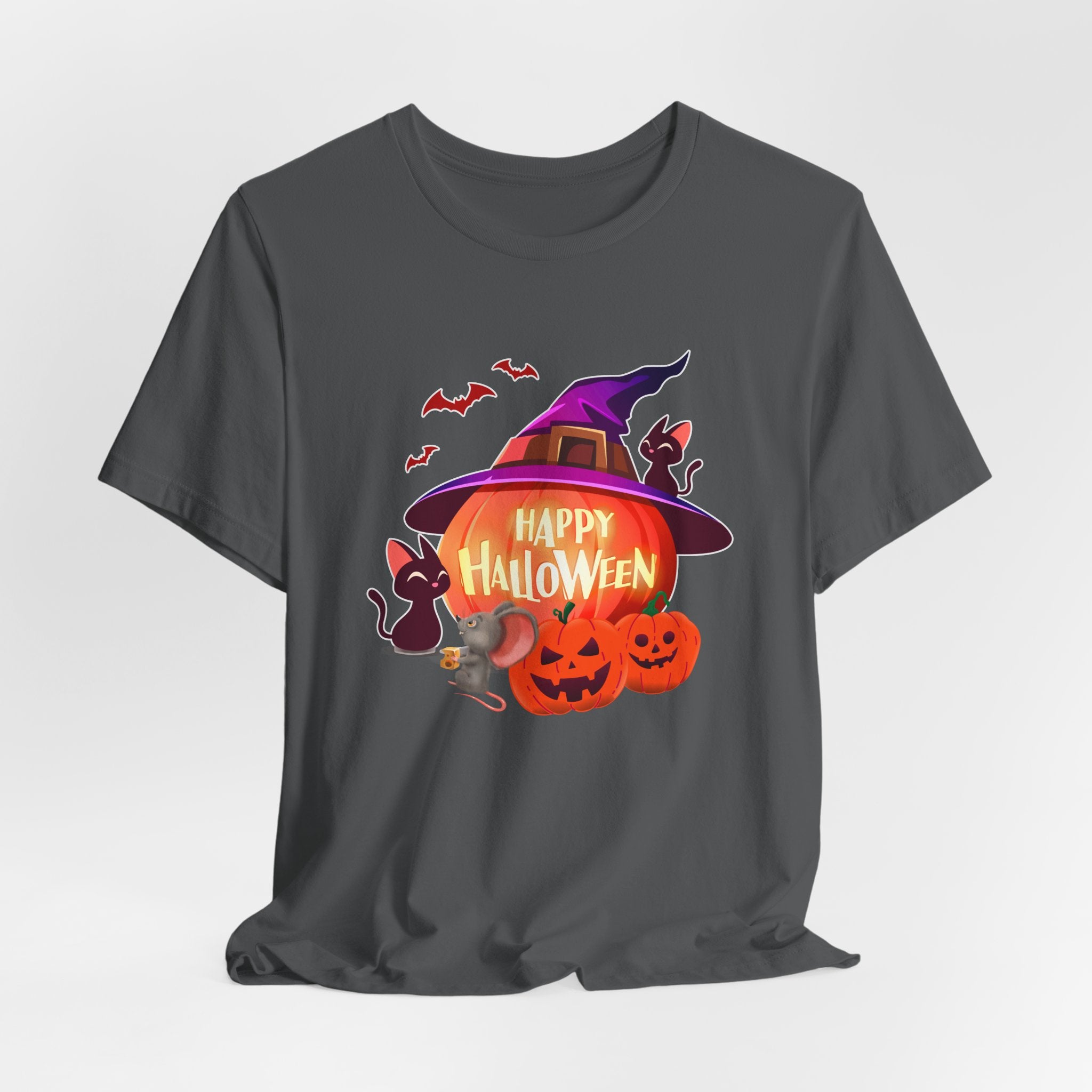 Asphalt gray t-shirt with Halloween-themed design featuring pumpkins, bats, rodents, and a witch hat on a light gray edge background.