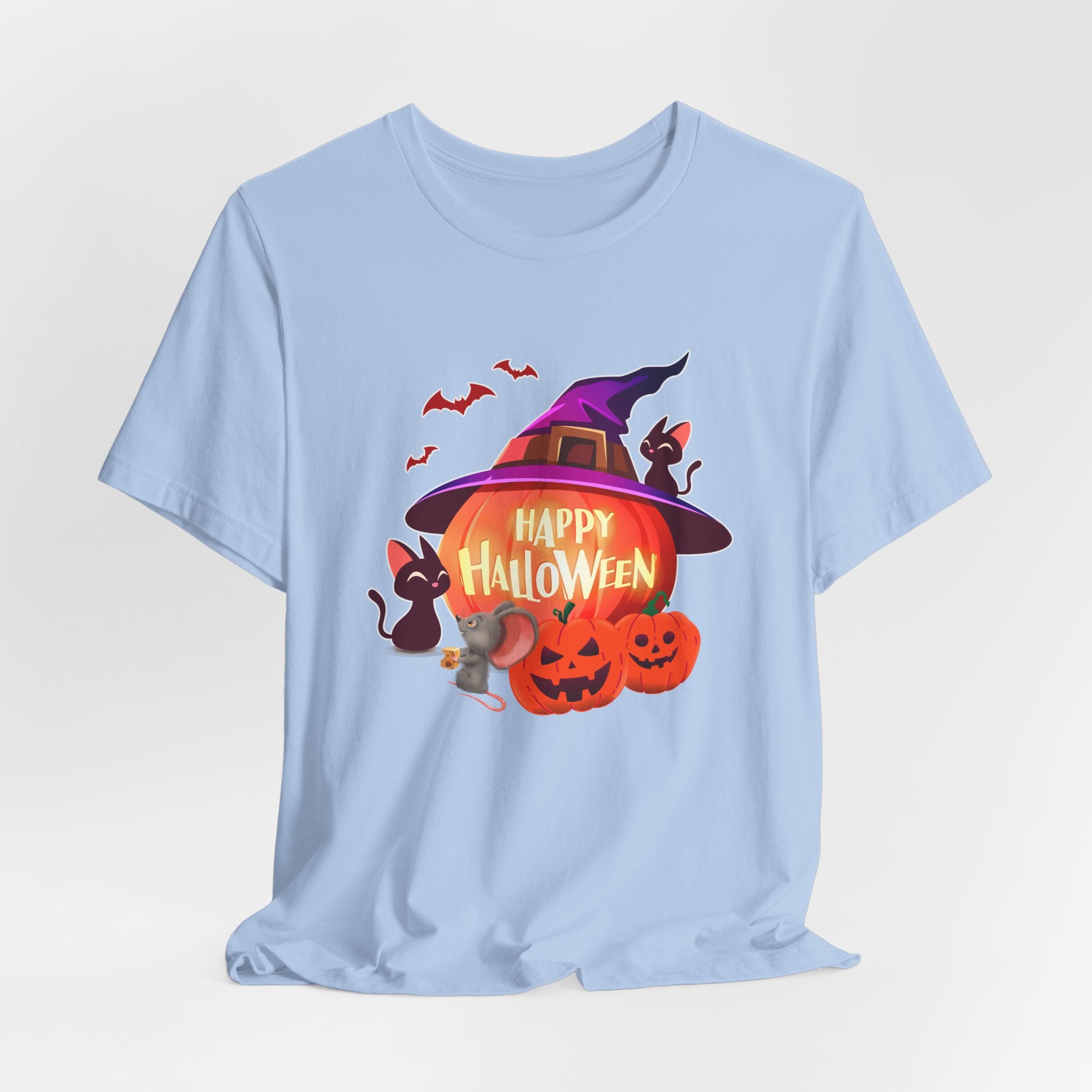 Baby light blue t-shirt with Halloween-themed design featuring pumpkins, bats, rodents, and a witch hat on a light gray edge background.