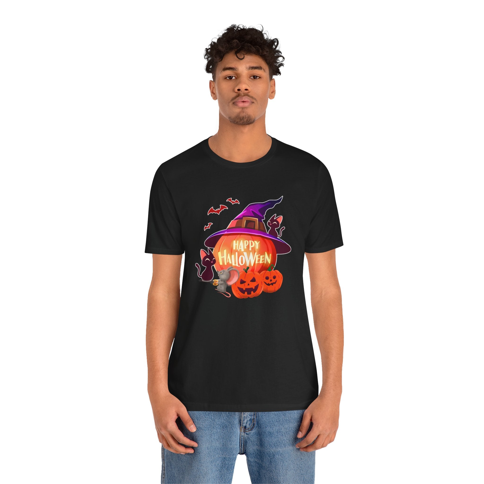 Person wearing a black t-shirt with Halloween design on a white background