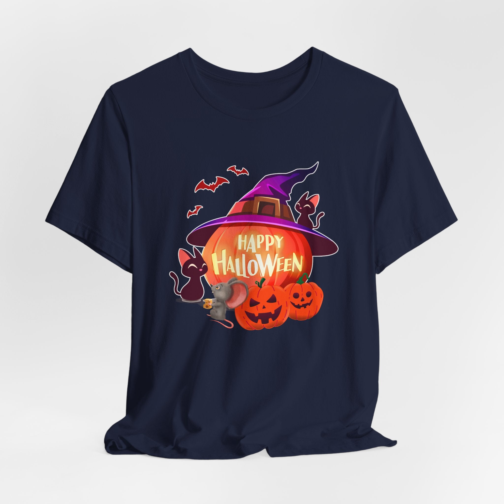 Navy blue t-shirt with Halloween-themed design featuring pumpkins, bats, rodents, and a witch hat on a light gray edge background.