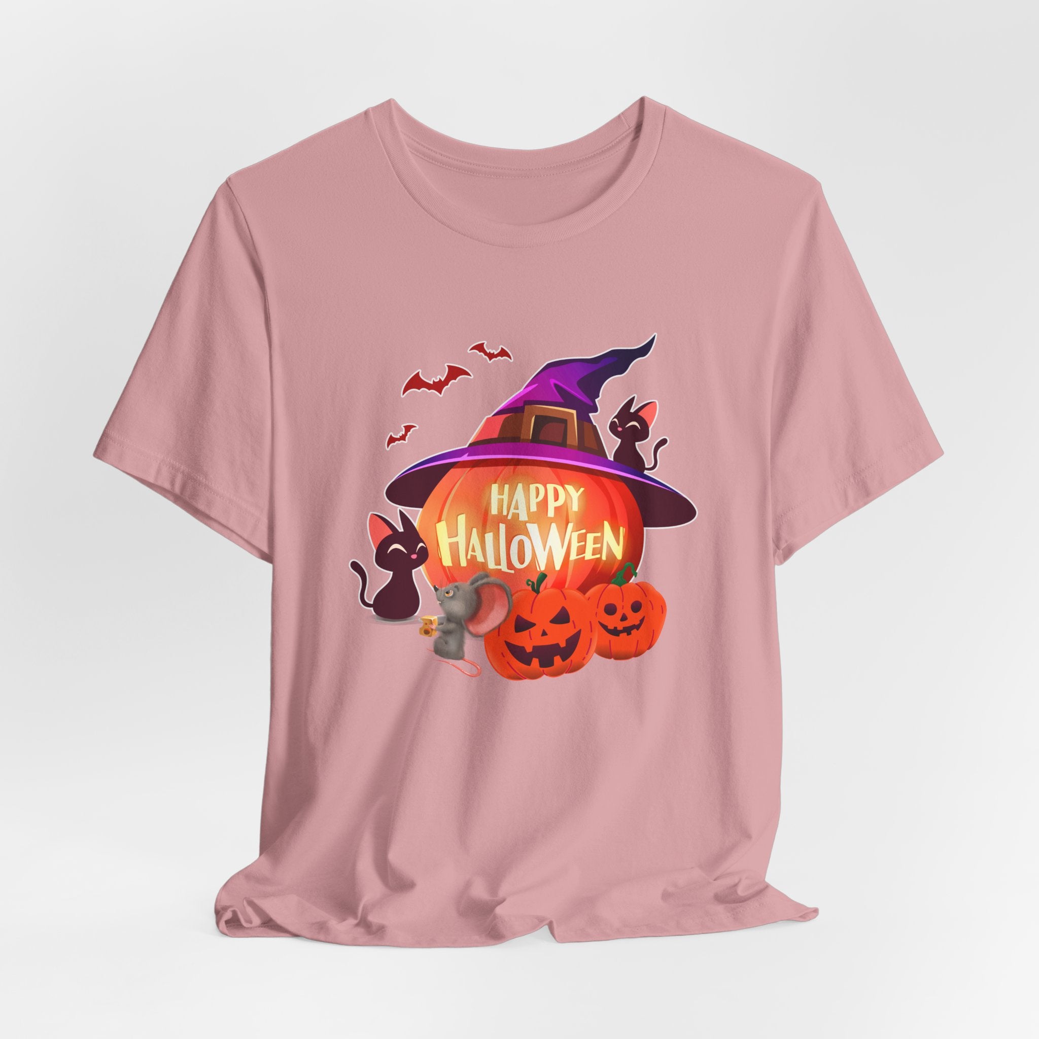 Orchid pink t-shirt with Halloween-themed design featuring pumpkins, bats, rodents, and a witch hat on a light gray edge background.