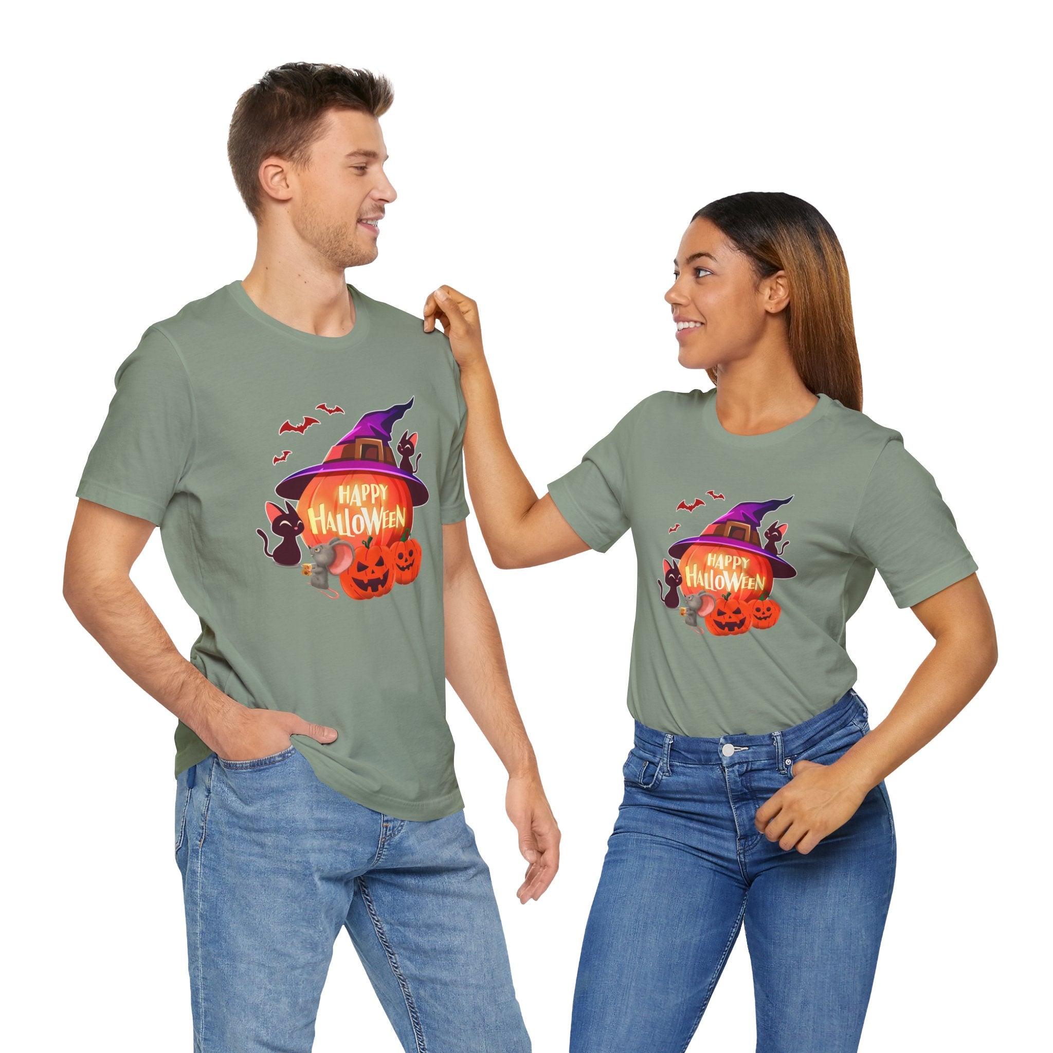 Two people wearing green t-shirts with Halloween designs on a white background