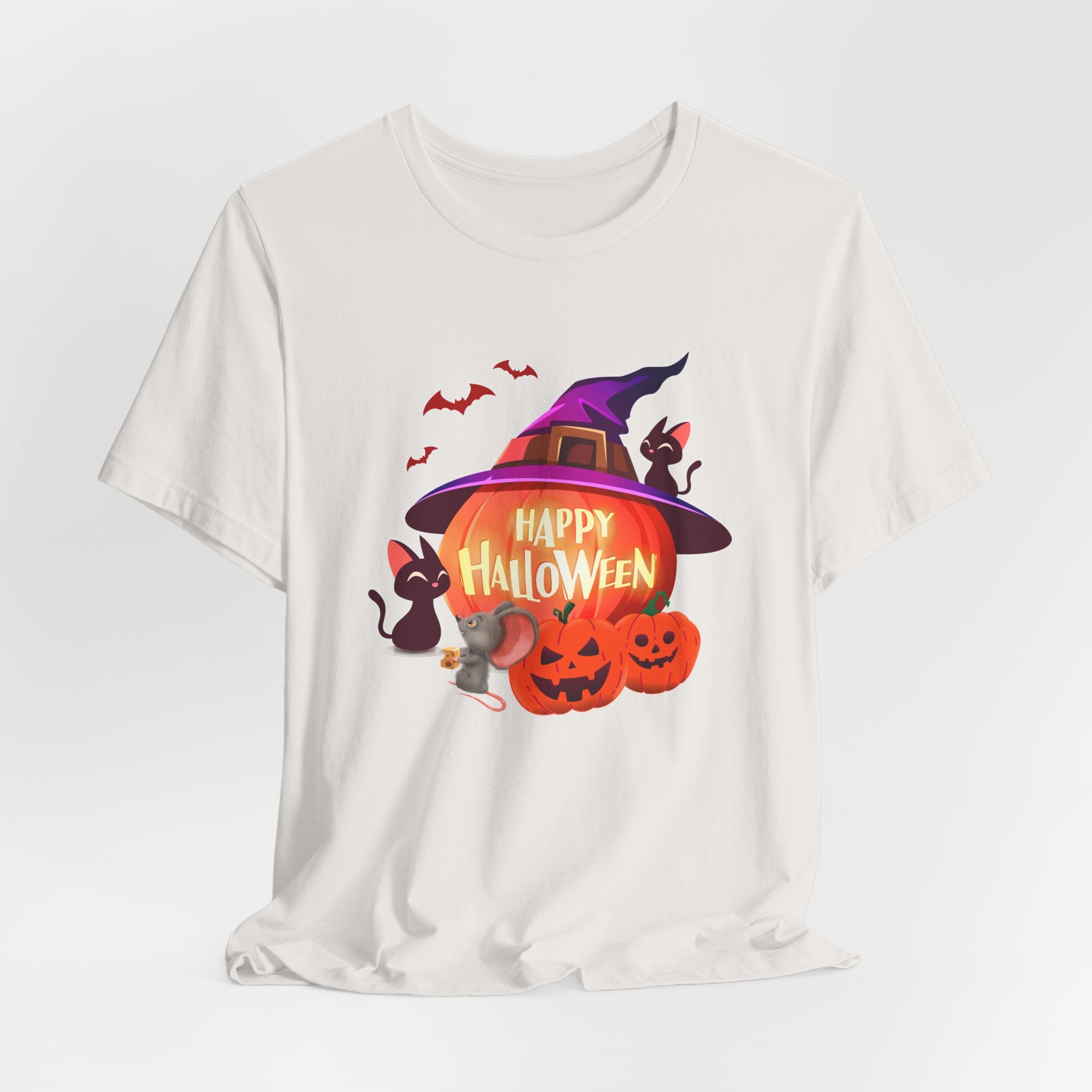 Vintage white t-shirt with Halloween-themed design featuring a pumpkin, witch hat, and cats on a white background.