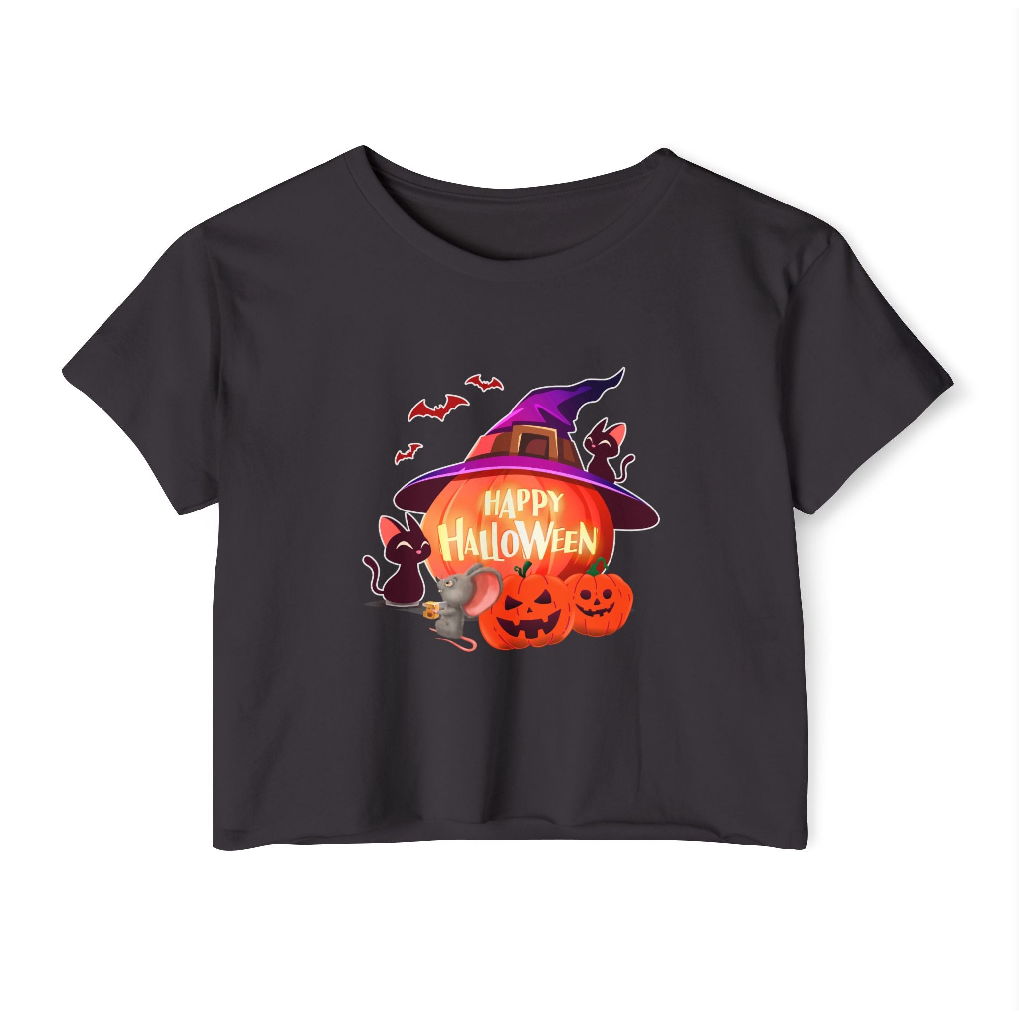 Black color crop top shirt printed with halloween bat, rat, pumpkin, and witch hat in a white background. 