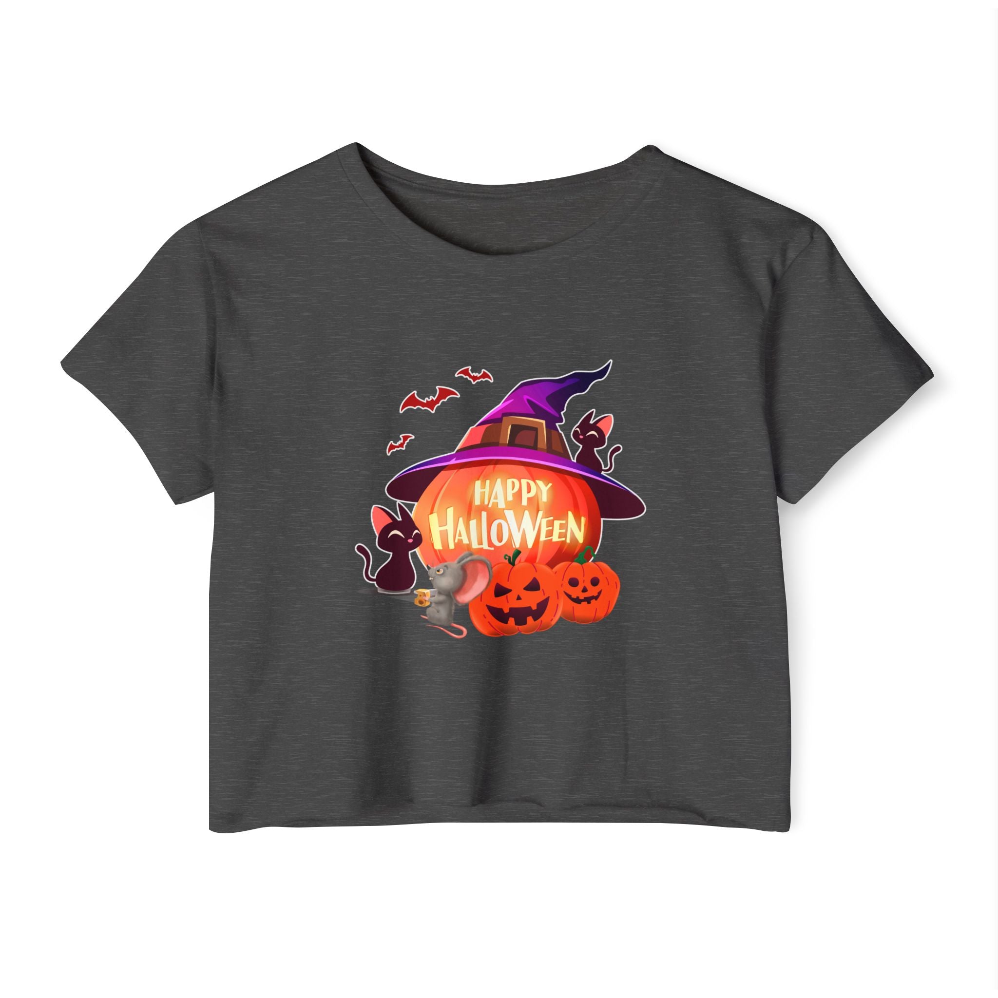 Charcoal color crop top shirt printed with halloween bat, rat, pumpkin, and witch hat in a white background. 