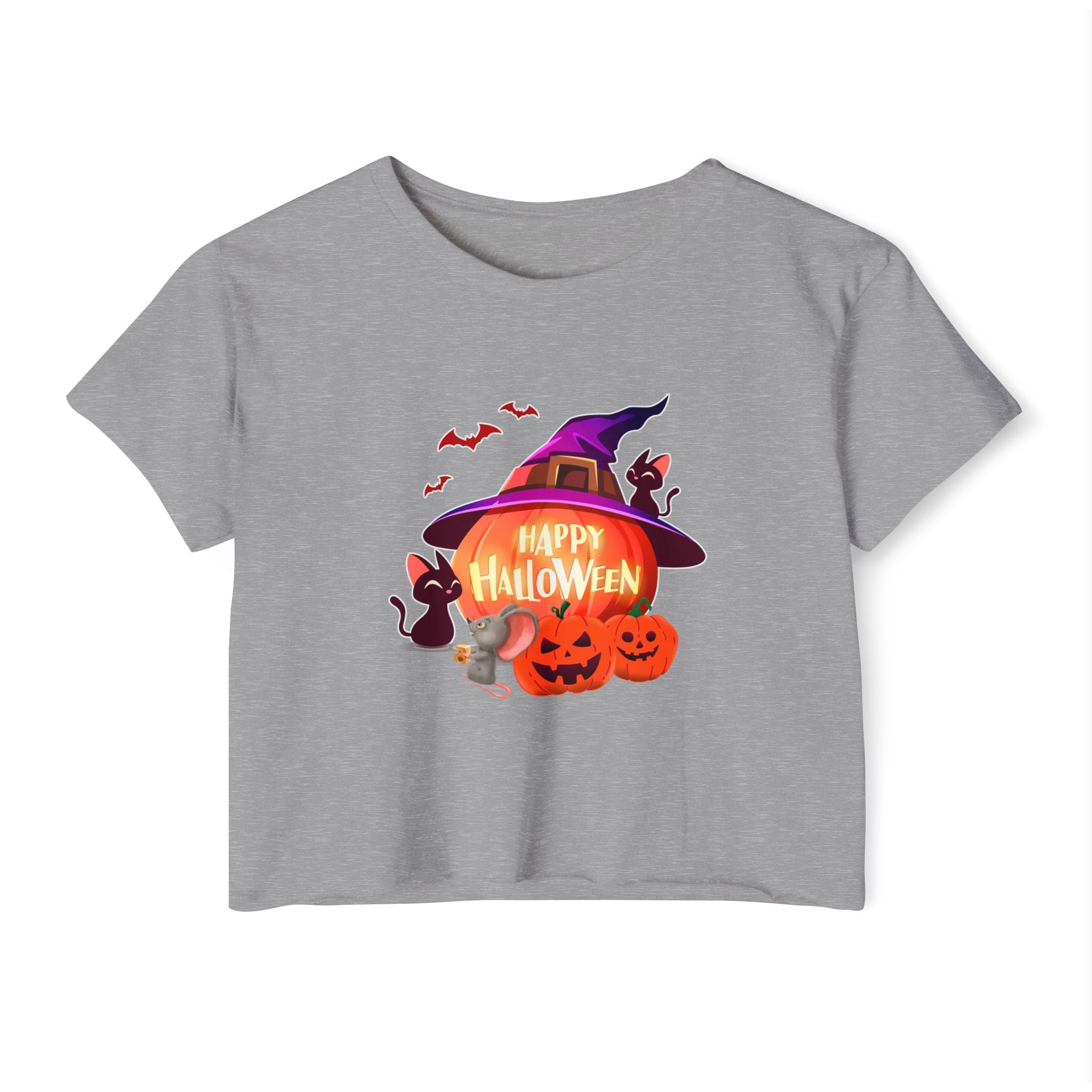 Grey color crop top shirt printed with halloween bat, rat, pumpkin, and witch hat in a white background. 