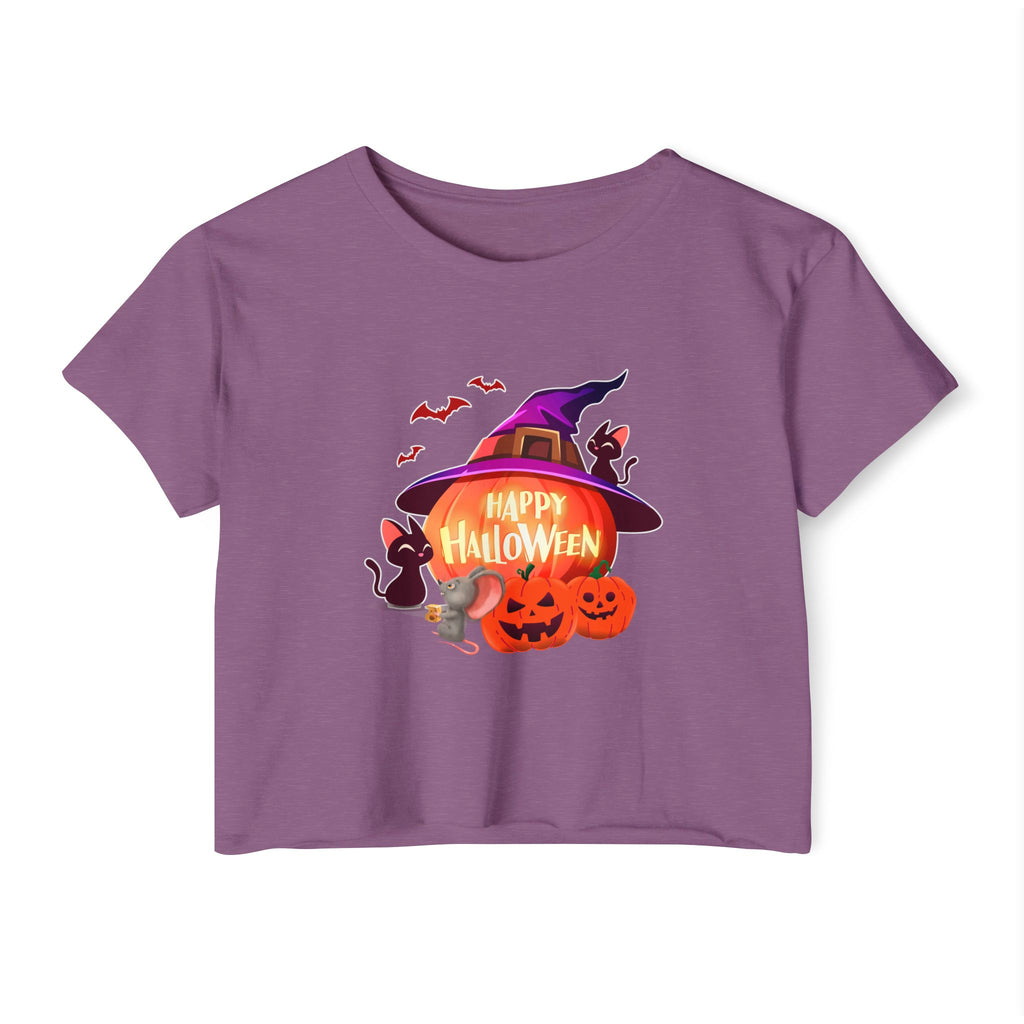 Shiraz purple color crop top shirt printed with halloween bat, rat, pumpkin, and witch hat in a white background. 