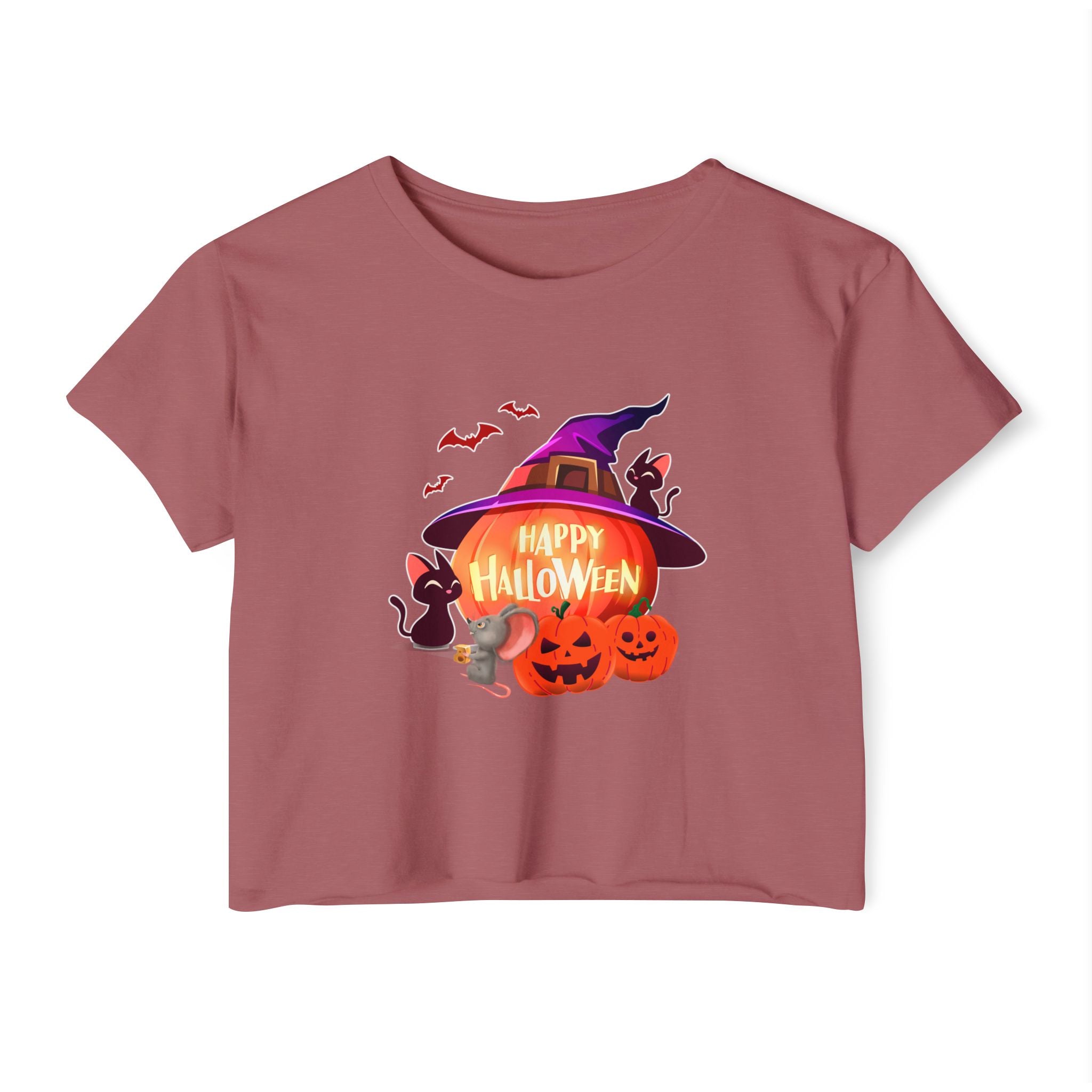 Smoke paprika color crop top shirt printed with halloween bat, rat, pumpkin, and witch hat in a white background. 