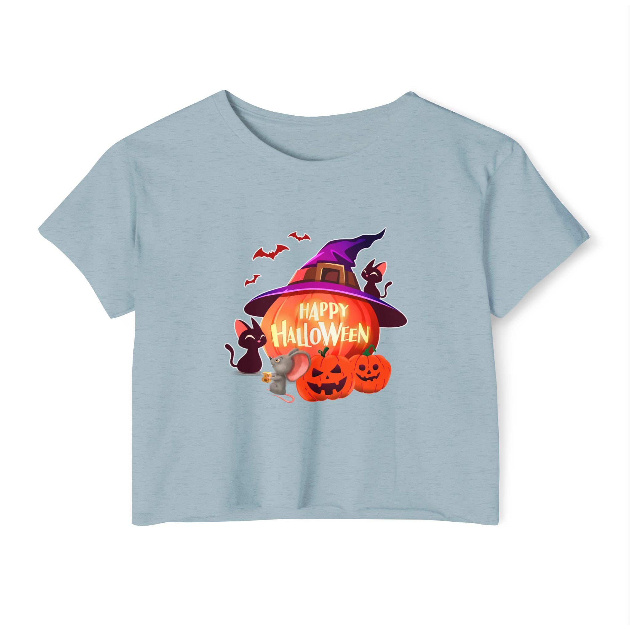 Stonewash denim color crop top shirt printed with halloween bat, rat, pumpkin, and witch hat in a white background. 
