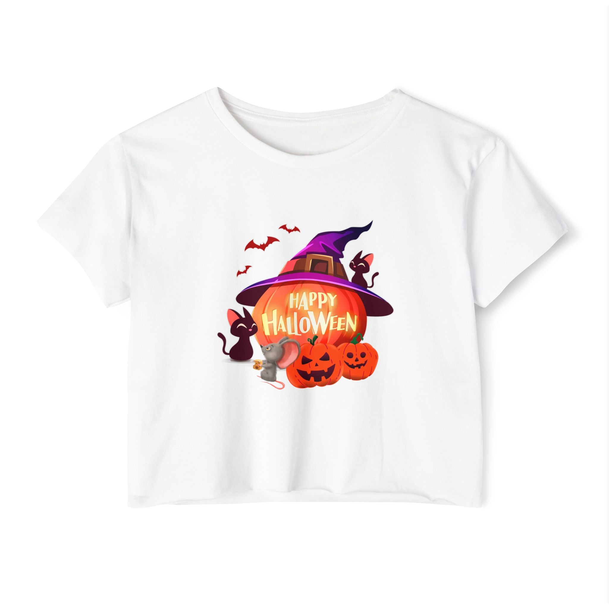 White color crop top shirt printed with halloween bat, rat, pumpkin, and witch hat in a white background. 