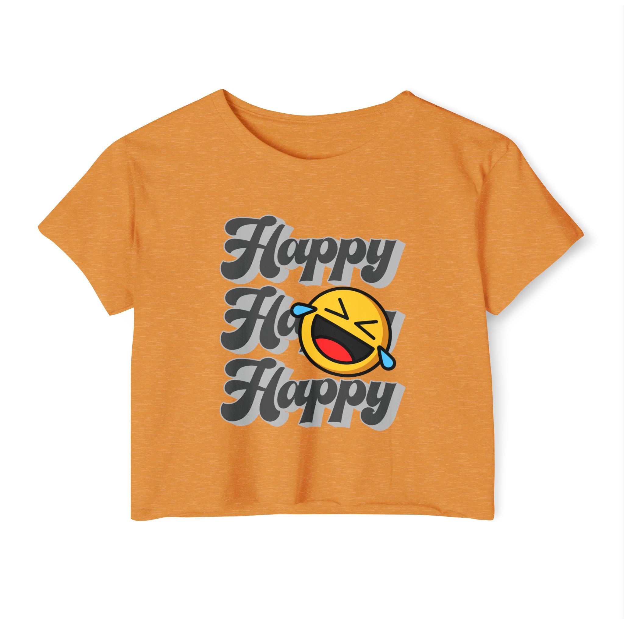 Antique gold orange t-shirt with happy emoji design on a white background