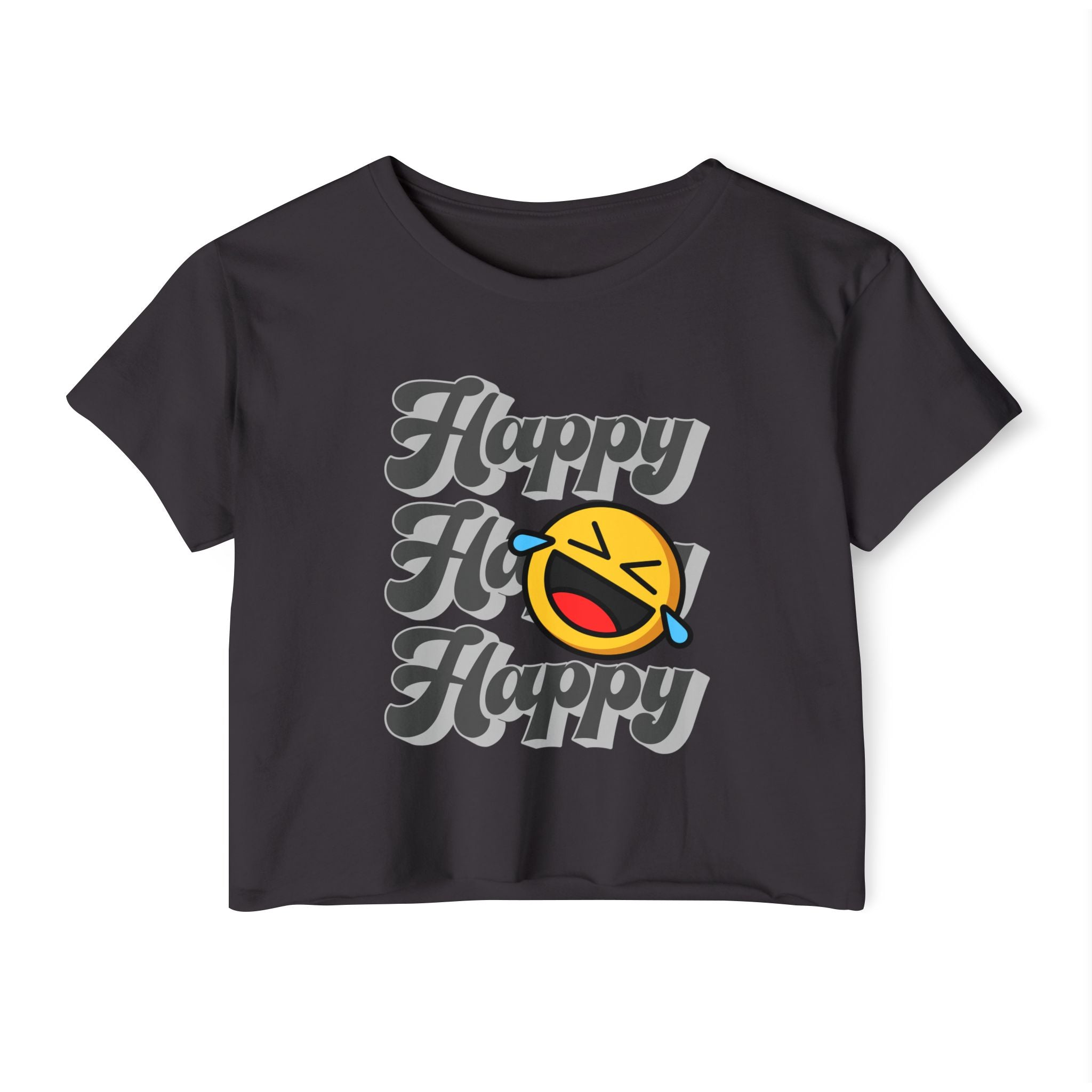Black t-shirt with happy emoji design on a white background