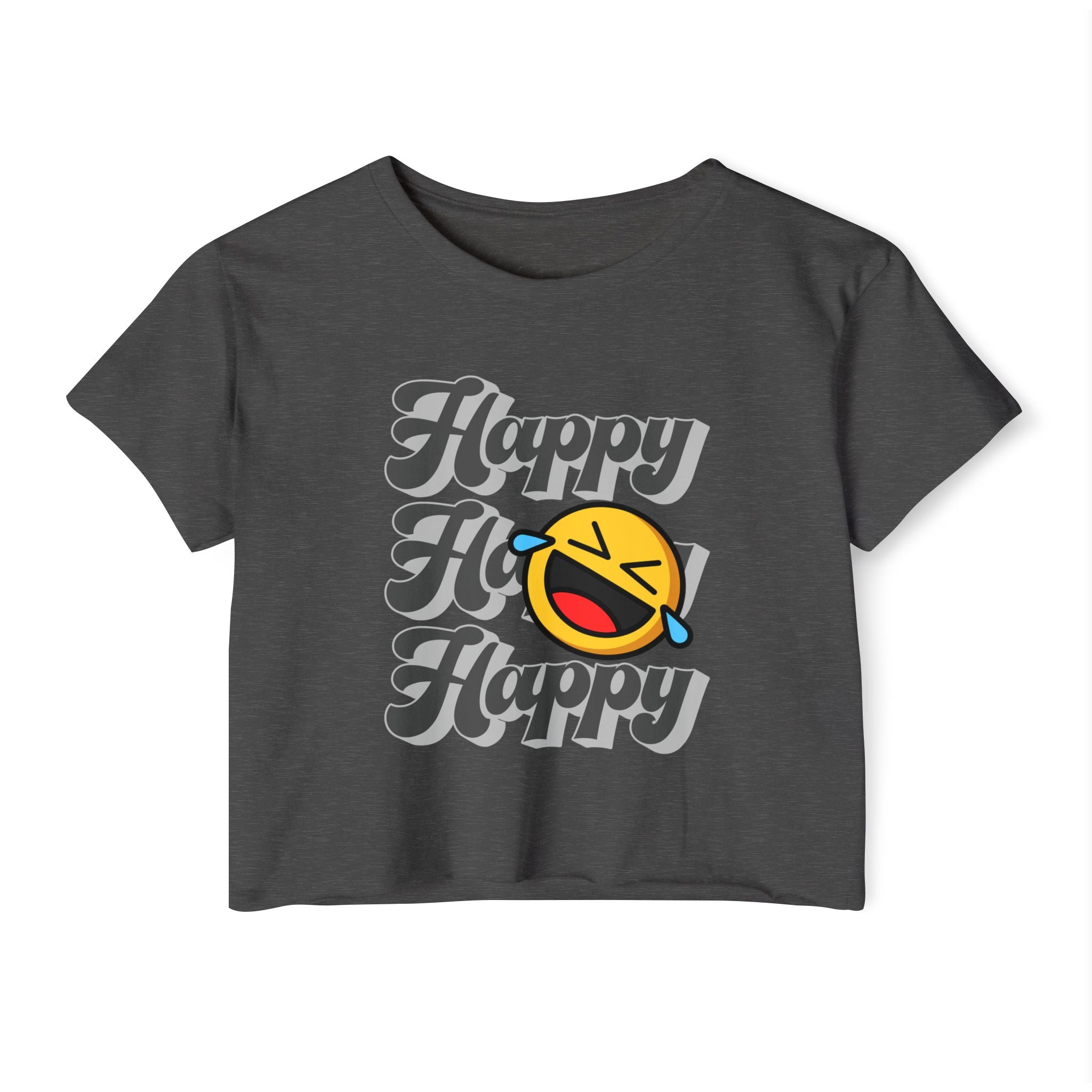 Charcoal t-shirt with happy emoji design on a white background