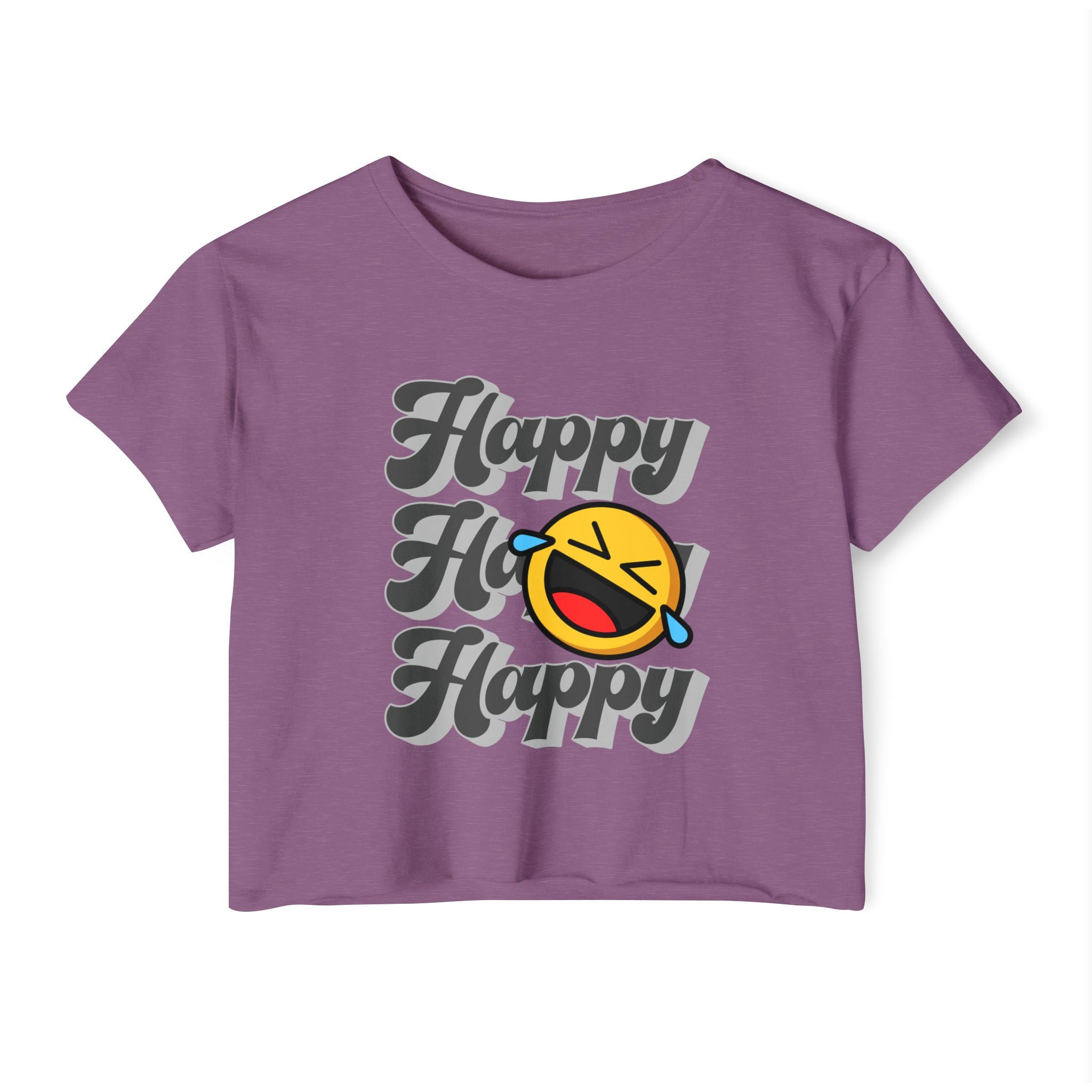 Shiraz purple t-shirt with happy emoji design on a white background