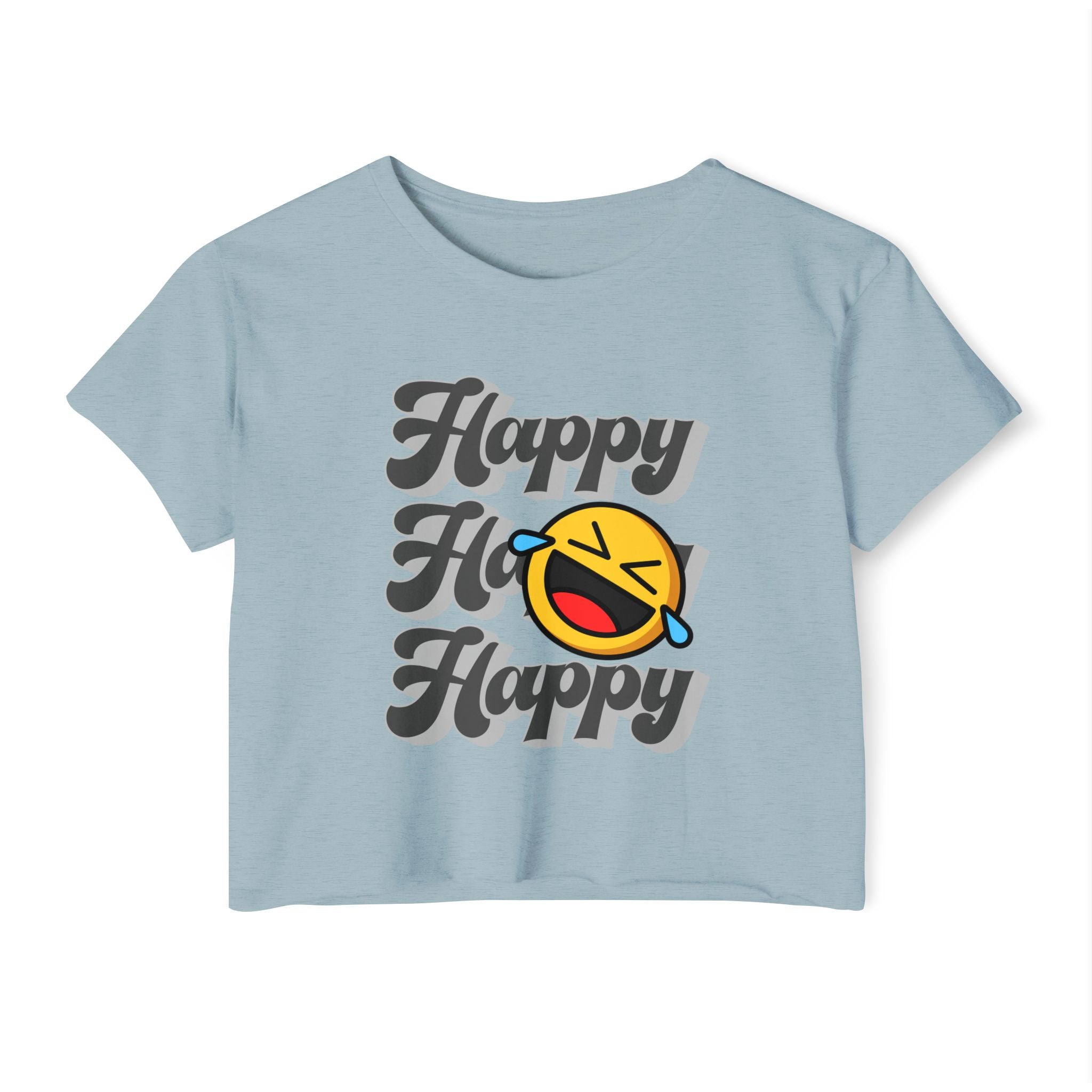Stonewash denim t-shirt with happy emoji design on a white background