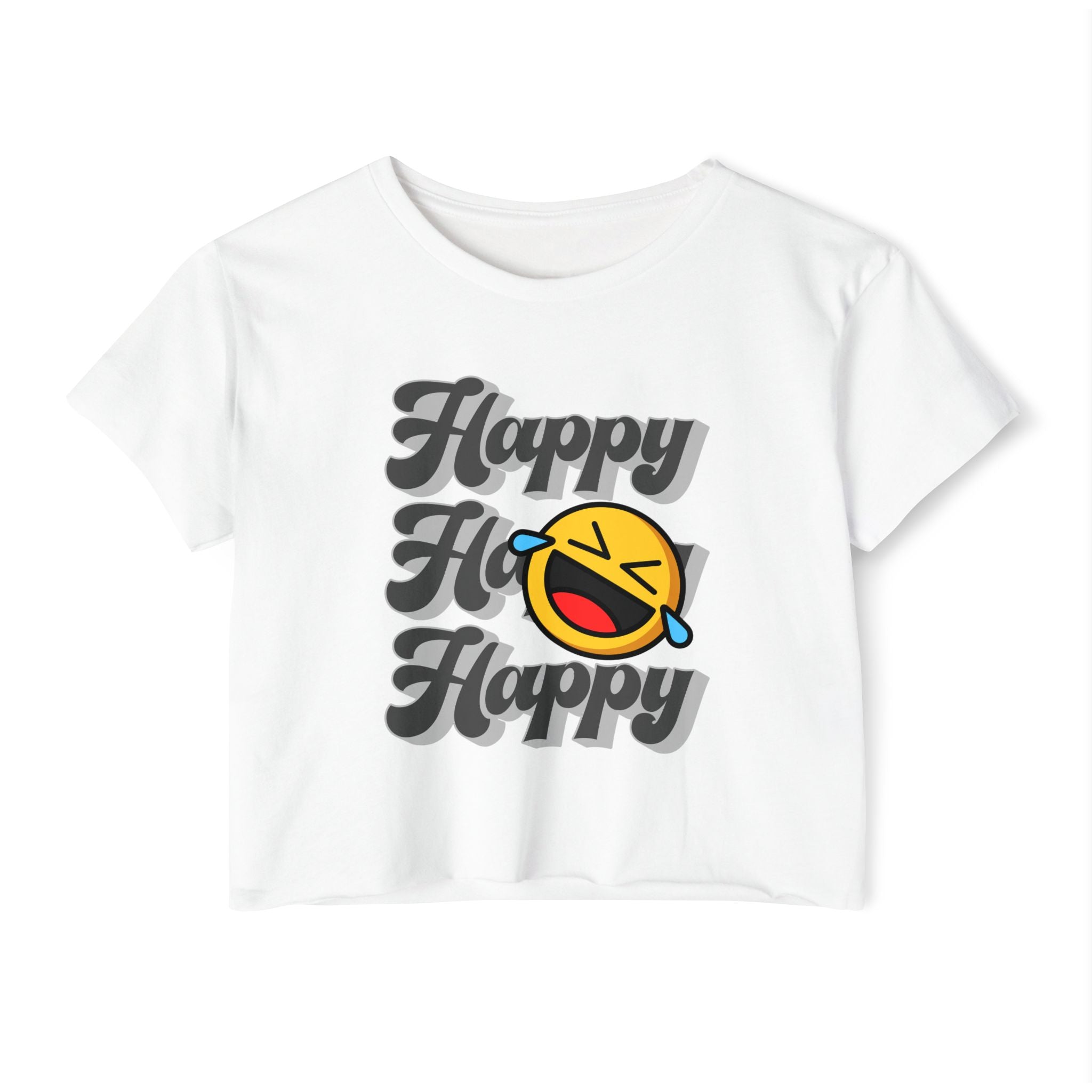White t-shirt with happy emoji design on a white background