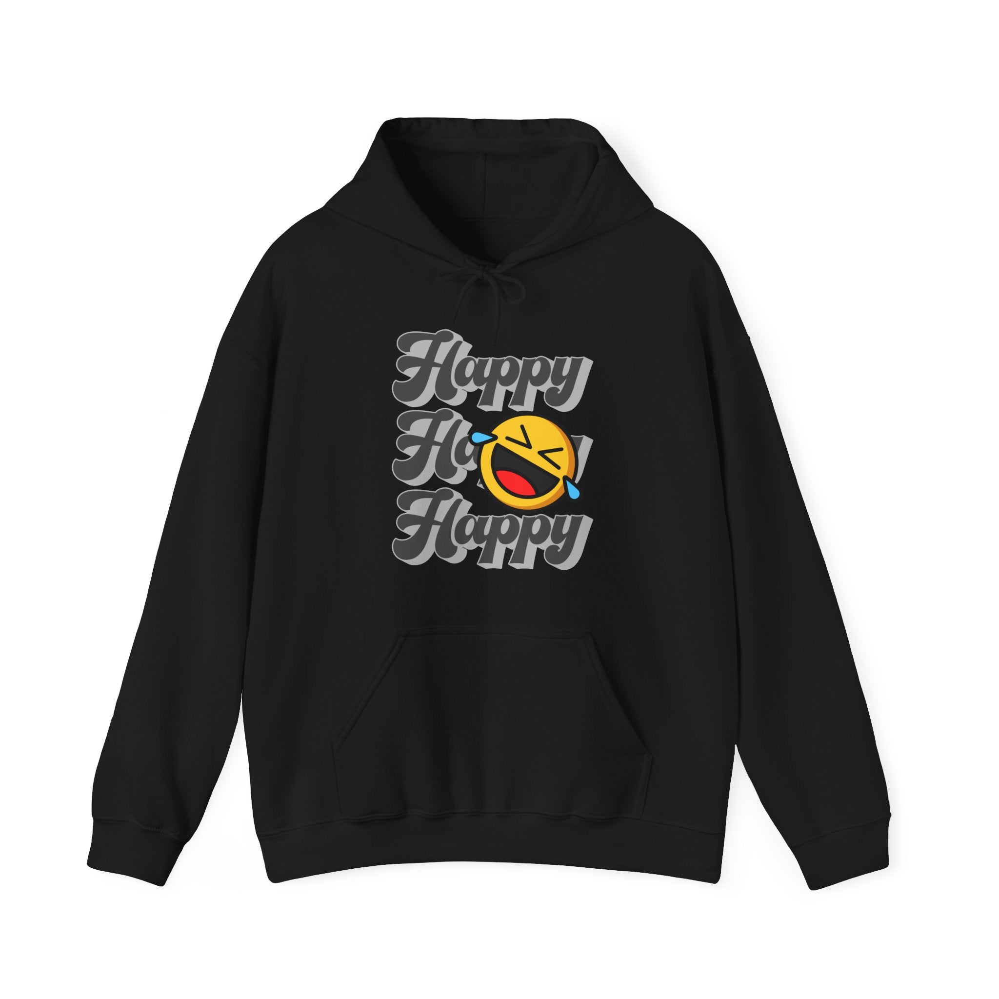 Black hoodie with 'Happy Fly Happy' text and design on a white background