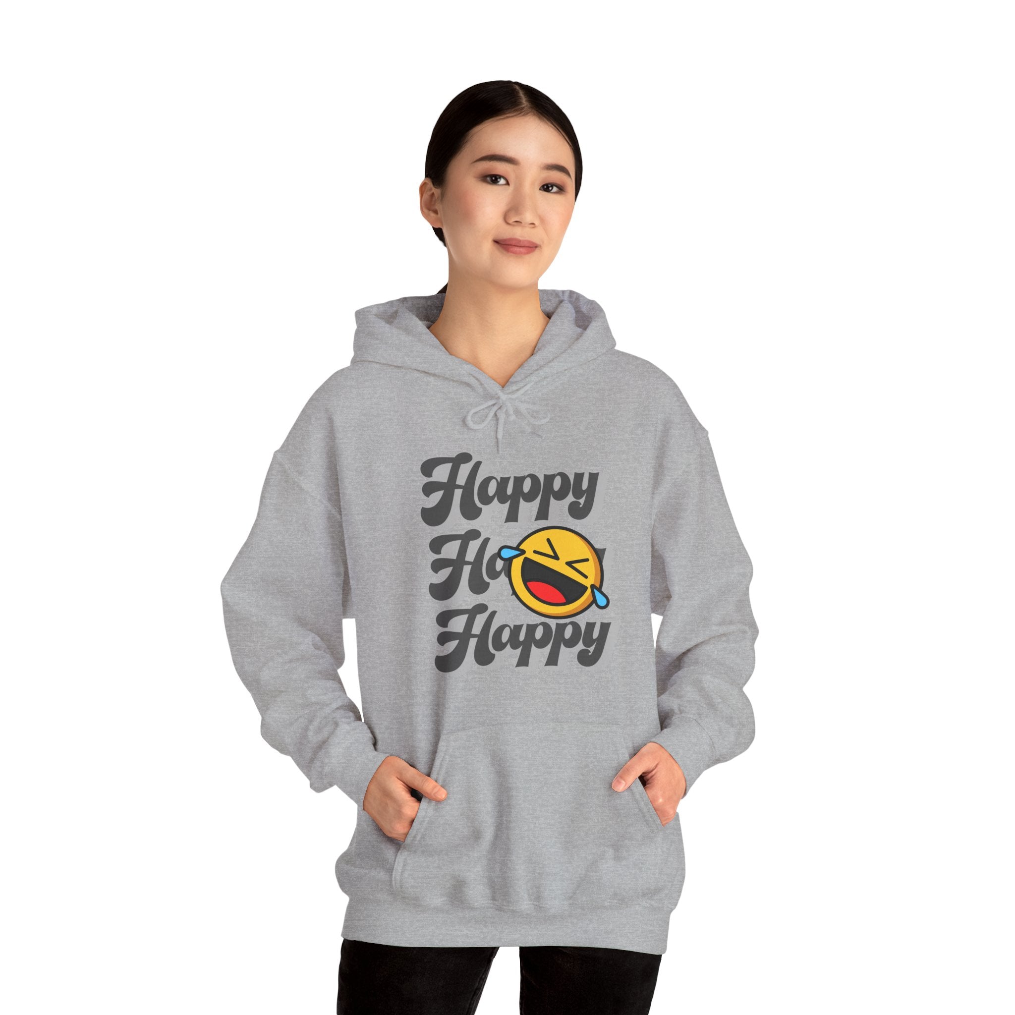 Person wearing a gray hoodie with 'Happy Ha Happy' text and emoji design on a white background