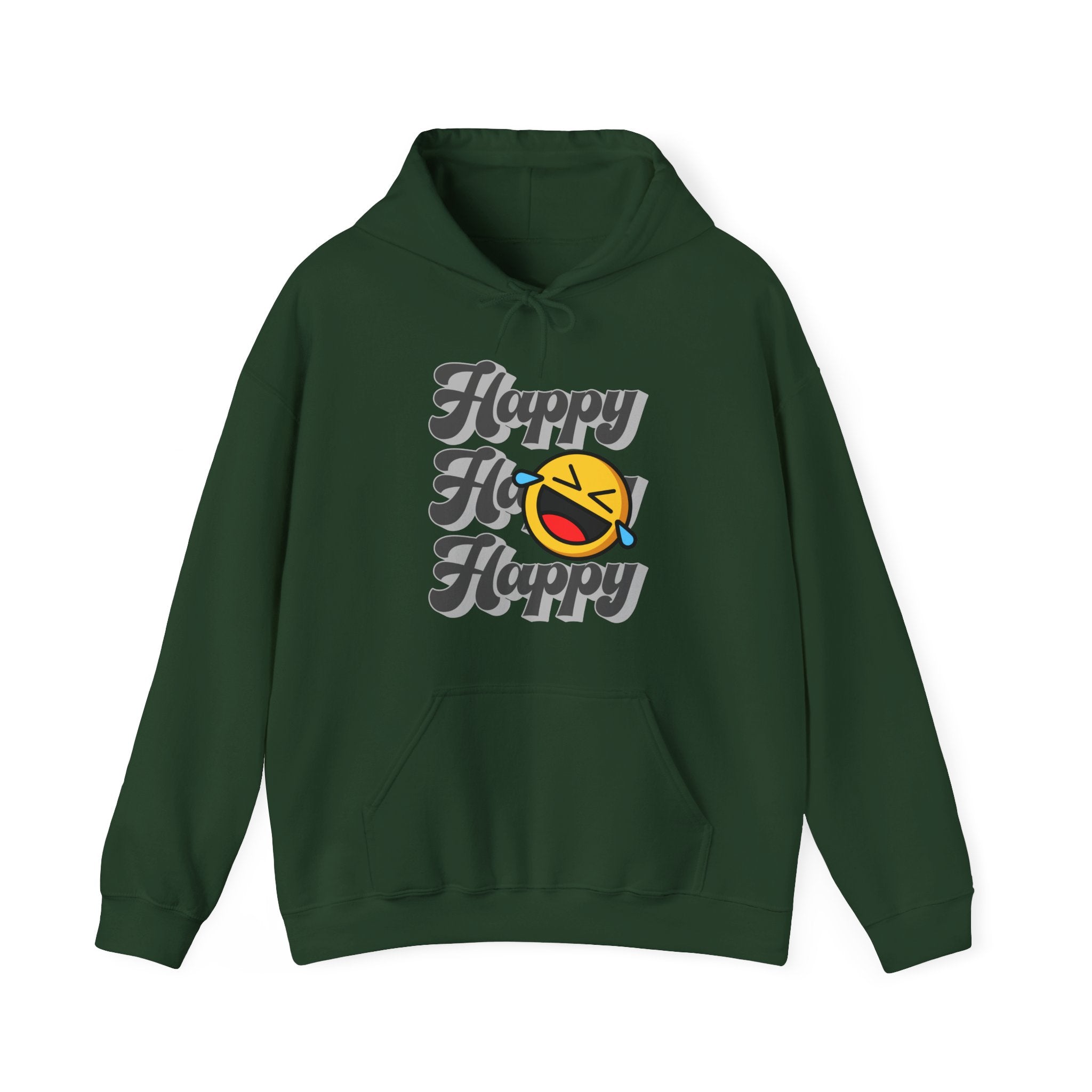 Forest green hoodie with 'Happy Fly Happy' text design on a white background