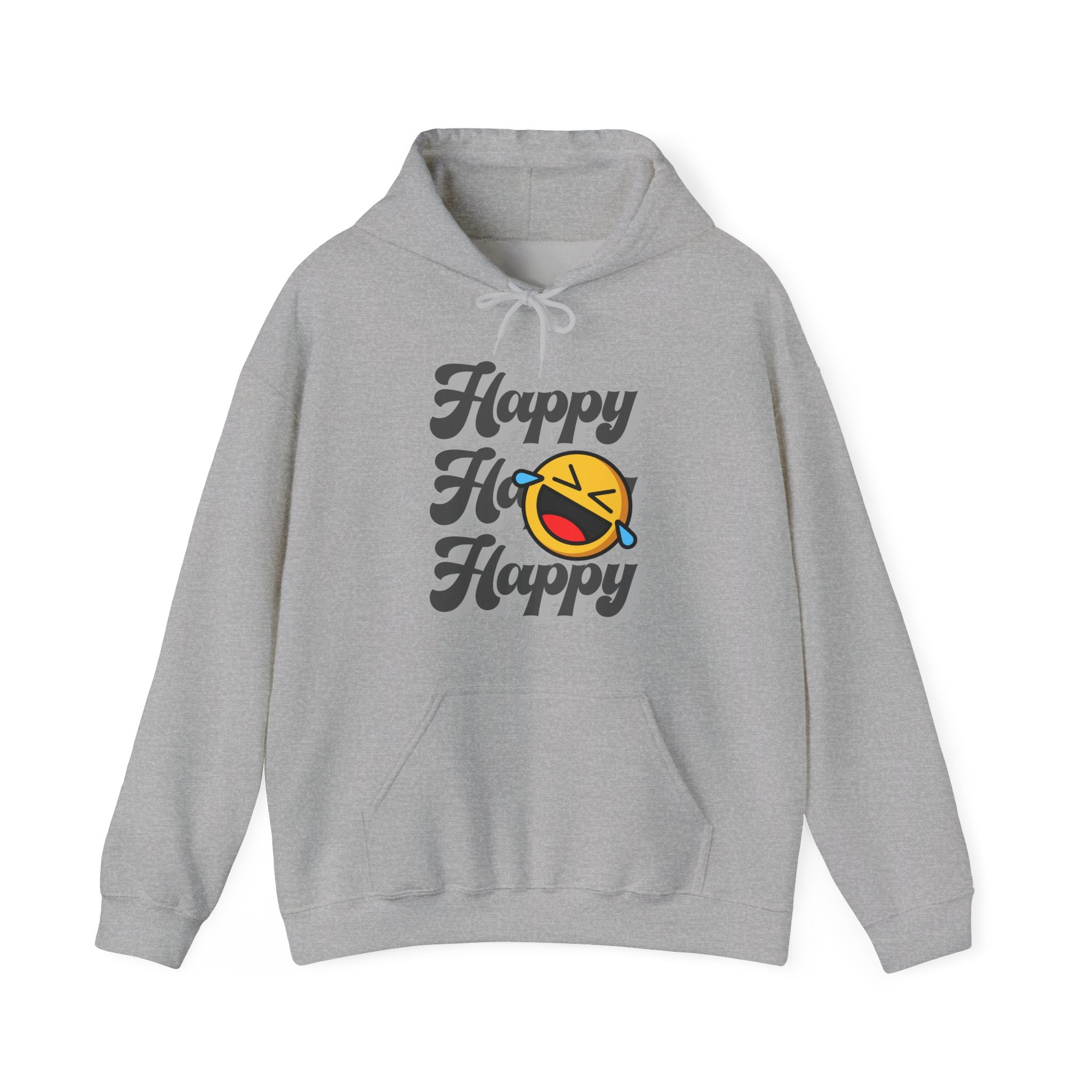 Gray hoodie with 'Happy Happy Happy' text and logo on a white background