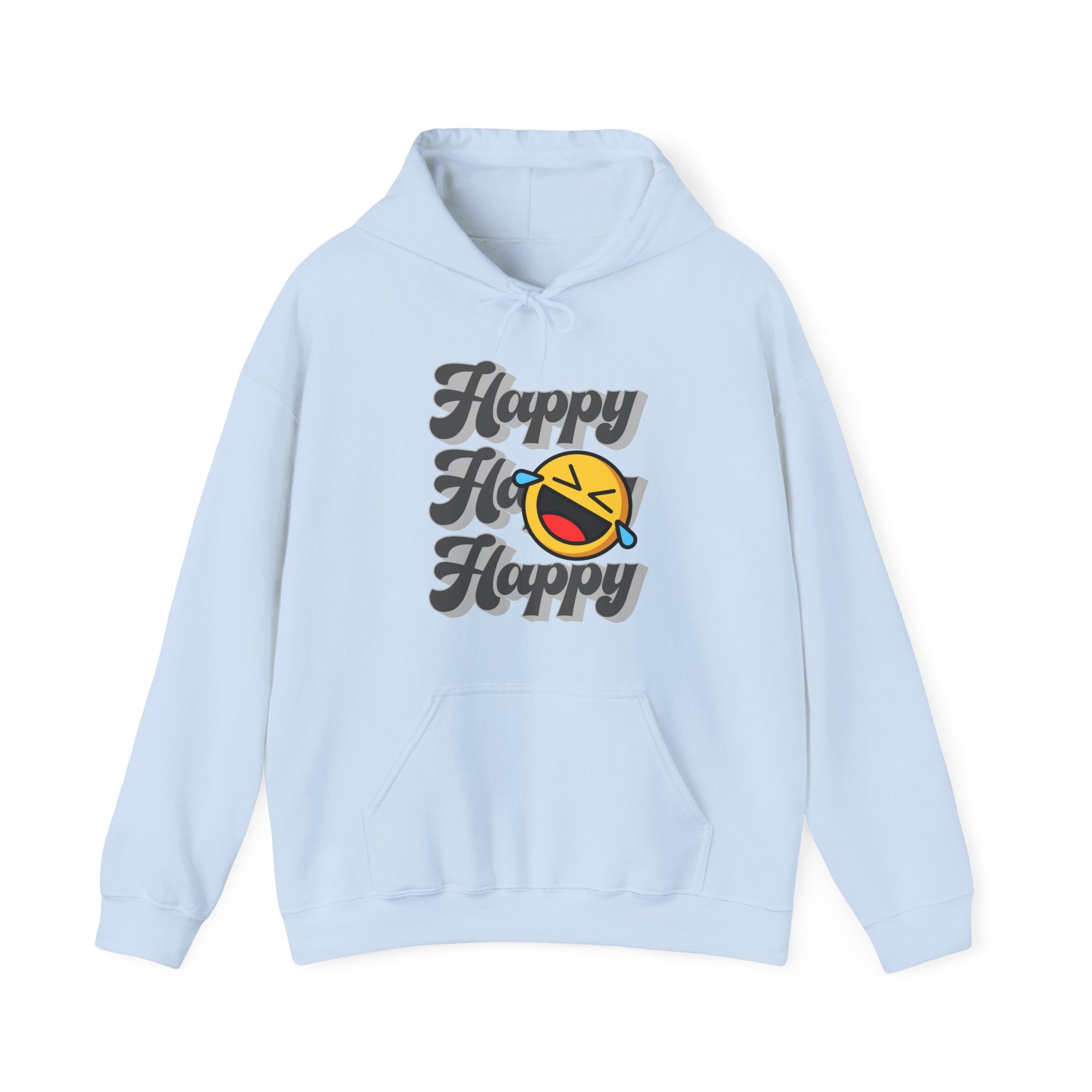 Light blue hoodie with 'Happy Ho Happy' text and emoji on a white background