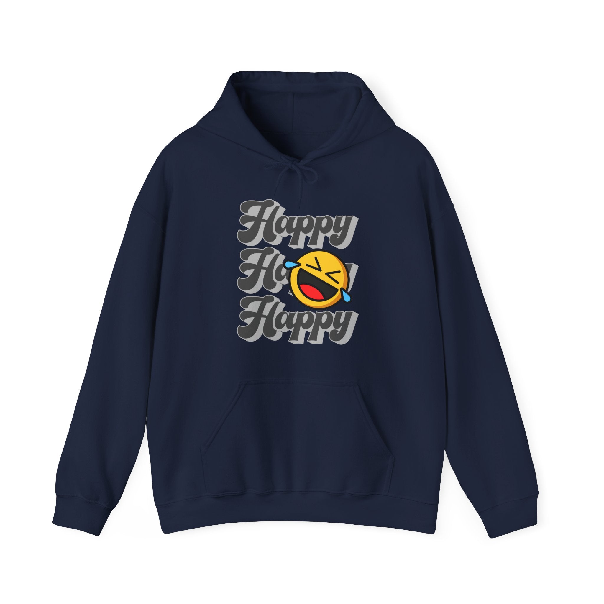 Navy blue hoodie with 'Happy Fly Happy' text and logo on a white background