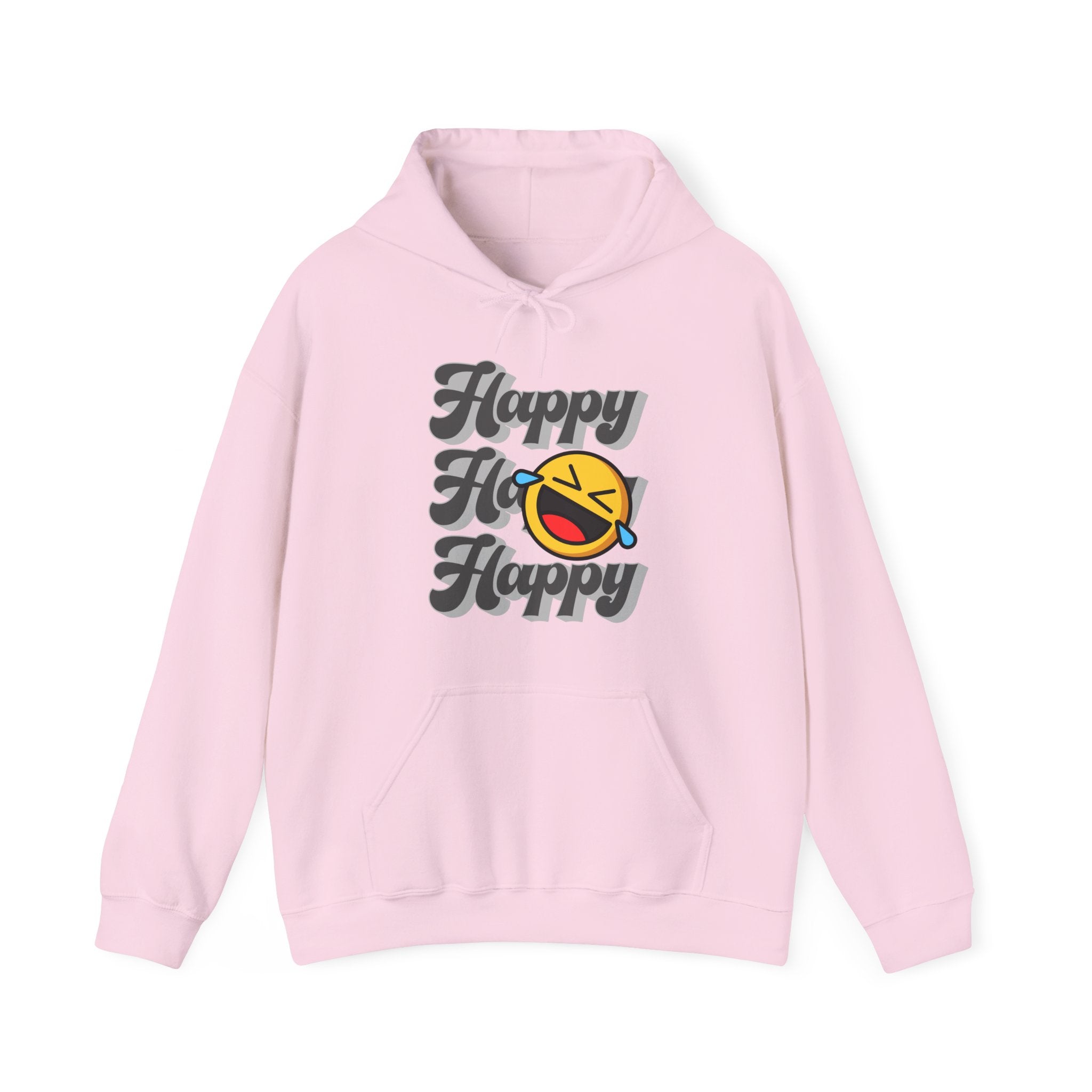 Pink hoodie with 'Happy Ho Happy' text and emoji on a white background